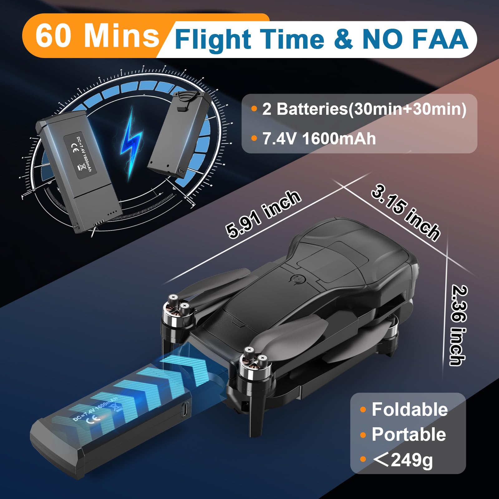 4K GPS Drone with Camera for Adults, Brushless Motor, 4.5" HD Screen Remote with 2 Batteries 60 Min Flight, with SD Card, Foldable Quadcopter Under 249g, Auto Return, Follow Me, 3 Speed Mode