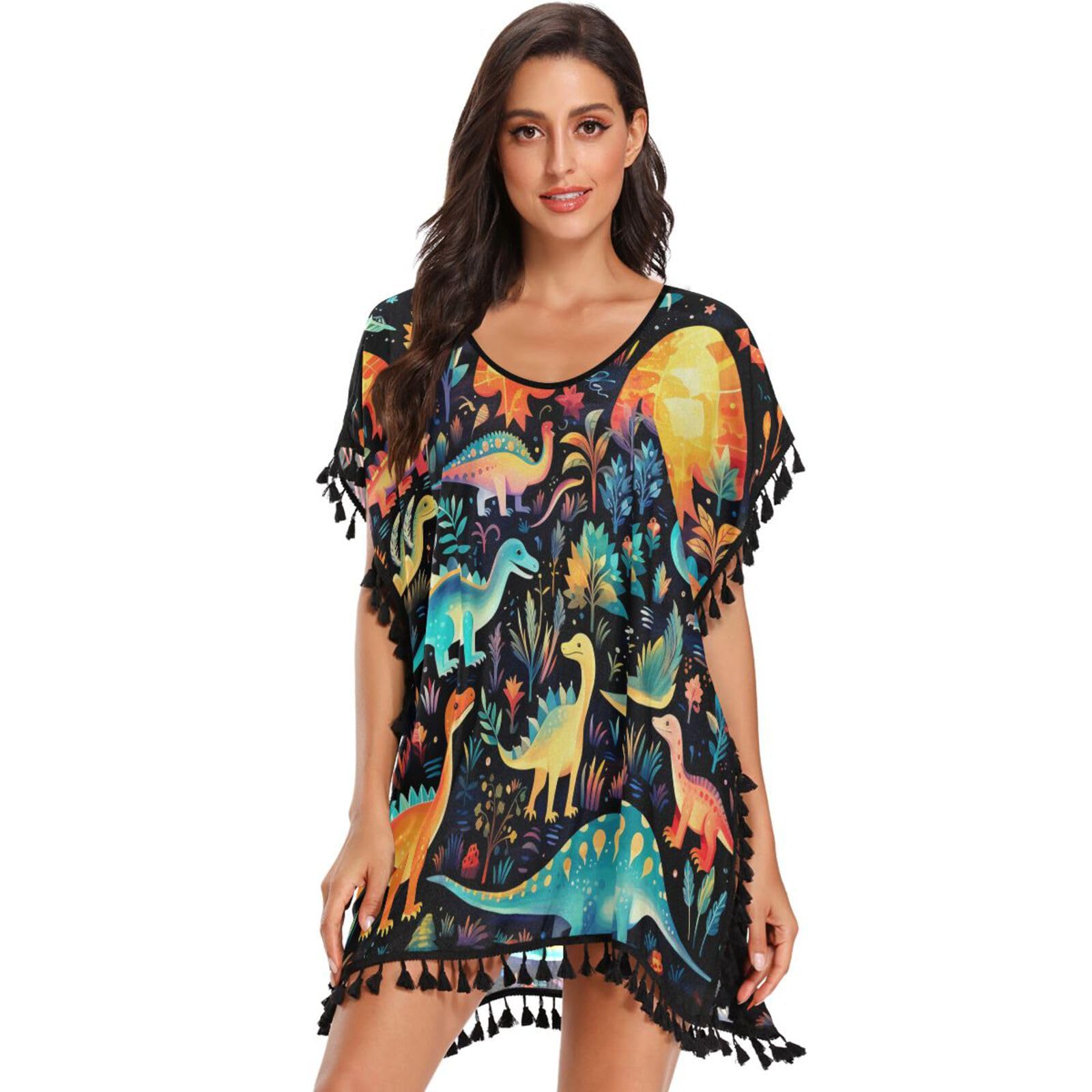 Black Art Colorful Dinosaurs Women's Beach Cover Up Chiffon Tassel Swimwear Swimsuit Coverups for Girl