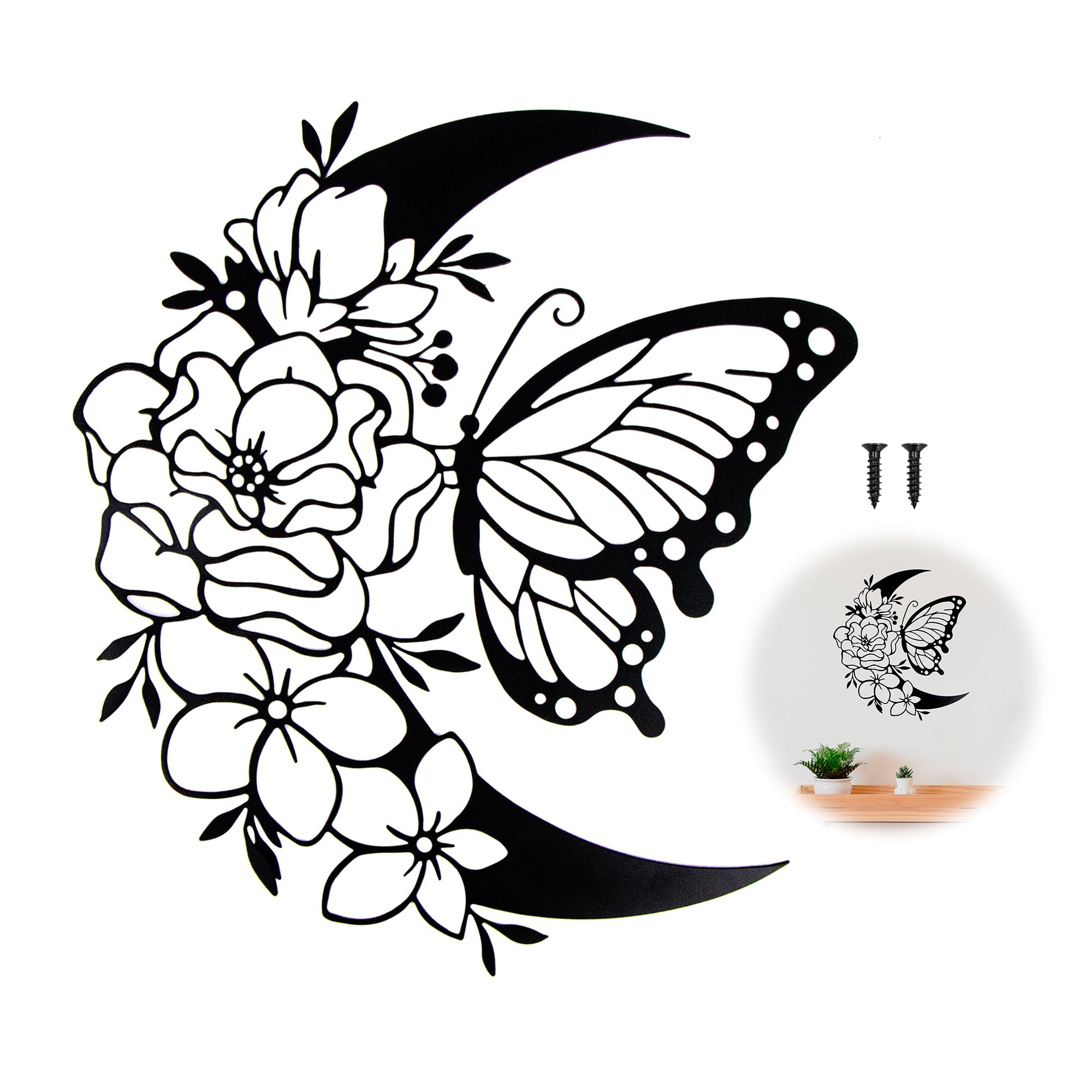 momgyaamz Mariposas Decorativas Decoracion Pared De Forja,Adornos Pared Metalicos, Cuadro Vintage Metal,Colgante De Pared Mariposa Con Corona De Luna，Cuadro Salon Grande, 30CM