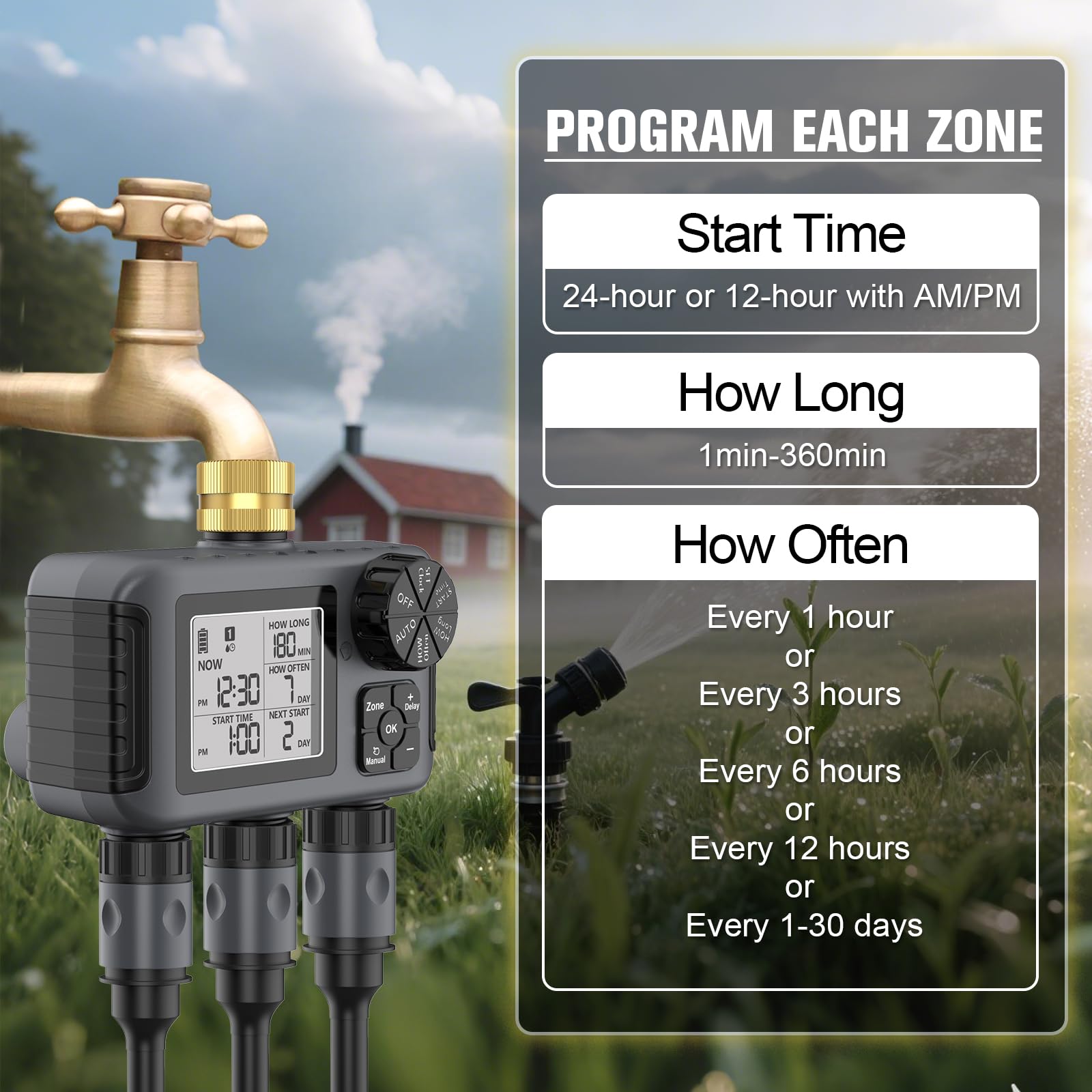 Haozee Computer di irrigazione con 3 uscite controllate indipendentemente, orologio di irrigazione con ritardo di pioggia/modalità automatica e manuale, display LCD a grande schermo, timer per