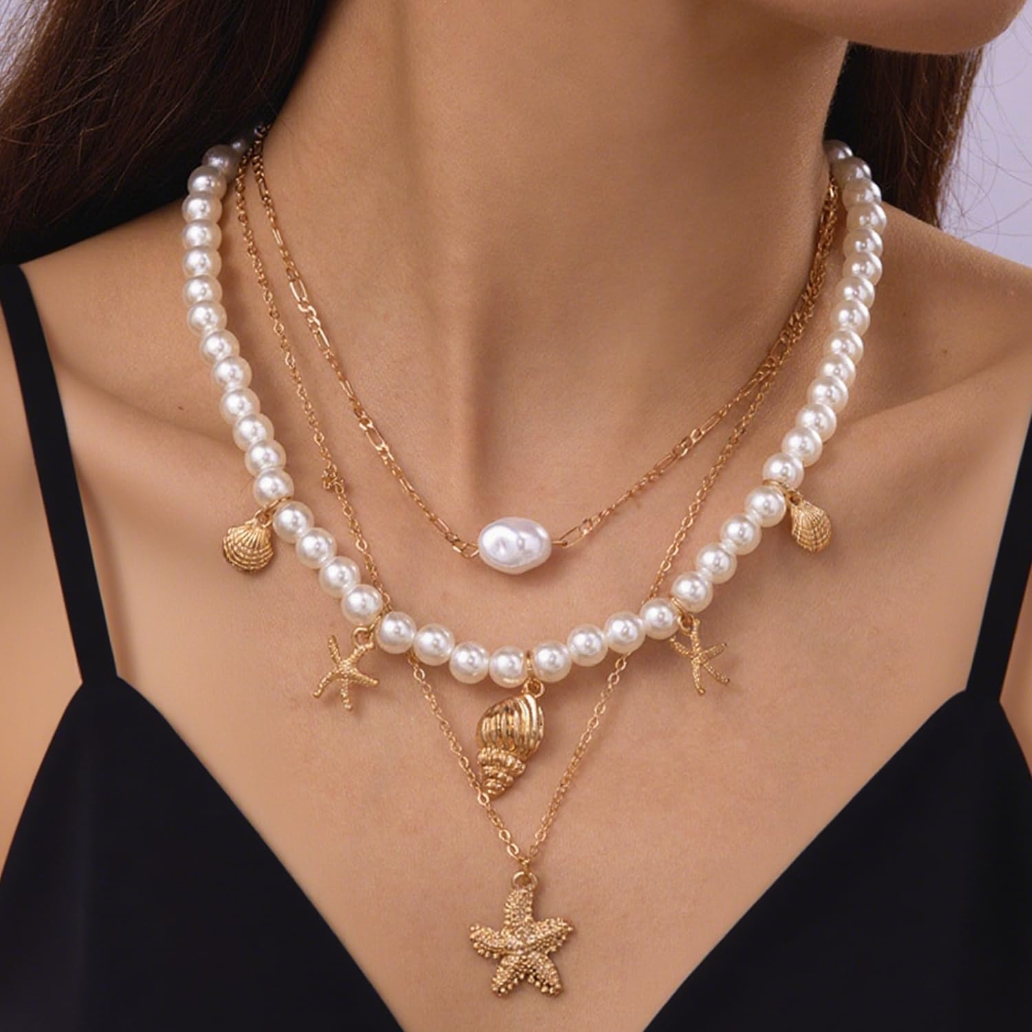 Shell Charm Necklace for Women Stack Gold Plated Starfish Conch Seashell Necklaces Dainty Summer Pearl Beach Layered Pendant Necklaces Boho Choker Summer Beach Vacation Accessories Jewelry Gifts - Image 3