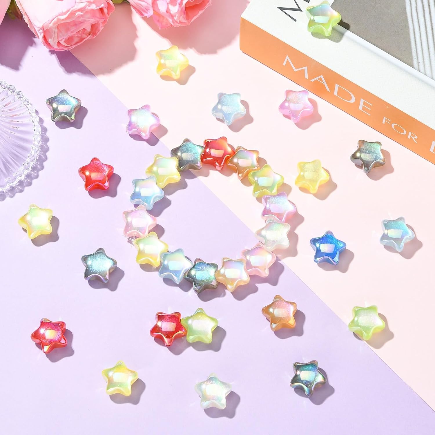 Ipotkitt 30 pcs Random Color Iridescent Resin Imitation Cat Eye Star Shape Beads Celestial Spacer Changing Beads for DIY Beading Jewelry Crafts Bracelet Necklace Making - Image 6