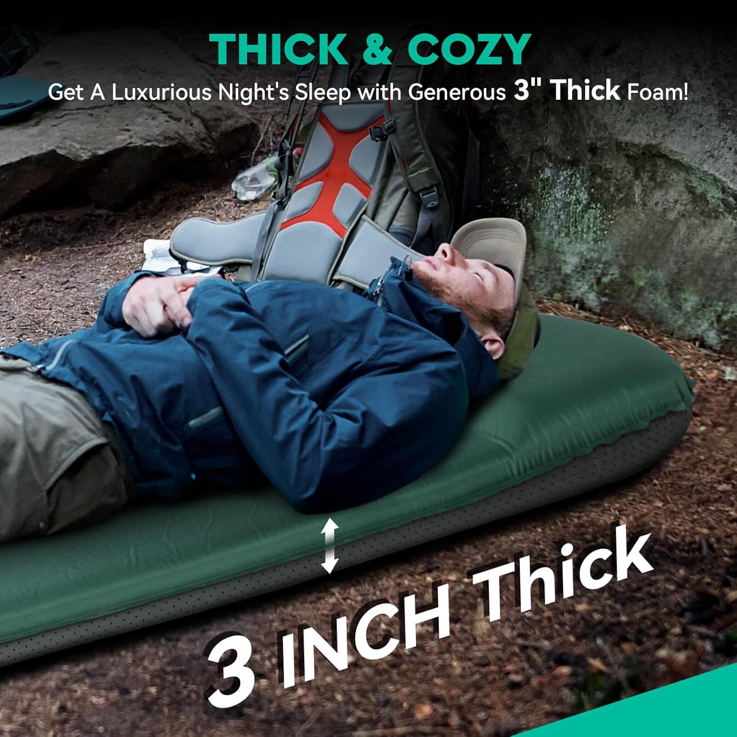 hikenture self inflating sleeping pad for camping, 3'' ultra thick camping pad with pillow, 9.5 r-value insulated camping mattress, 4-season inflatable foam camping mat for car, tent, cot