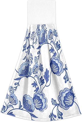 Miniatura 2 de 2 toallas de cocina colgantes con hermosas flores azules, estilo chinoiserie, toallas de baño de mano súper absorbentes, toallas de cocina de