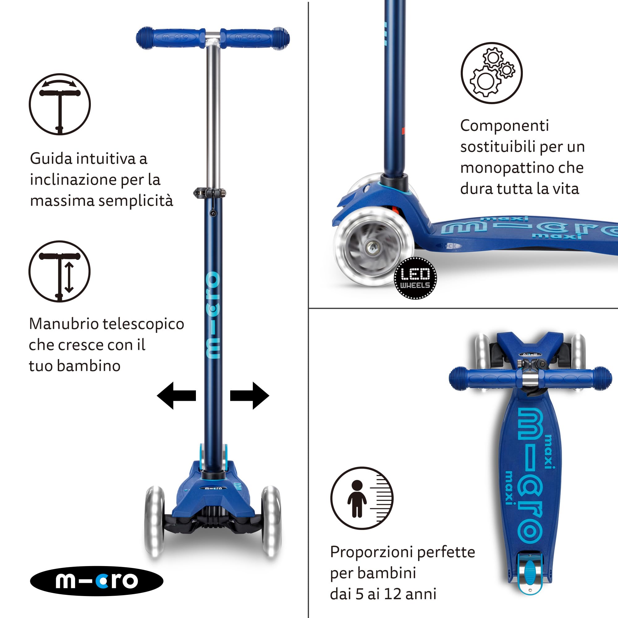 Micro Monopattino Maxi Micro LED Deluxe per bambini | Ruote grandi | Manubrio regolabile | 5-12 anni | Ragazzi e ragazze