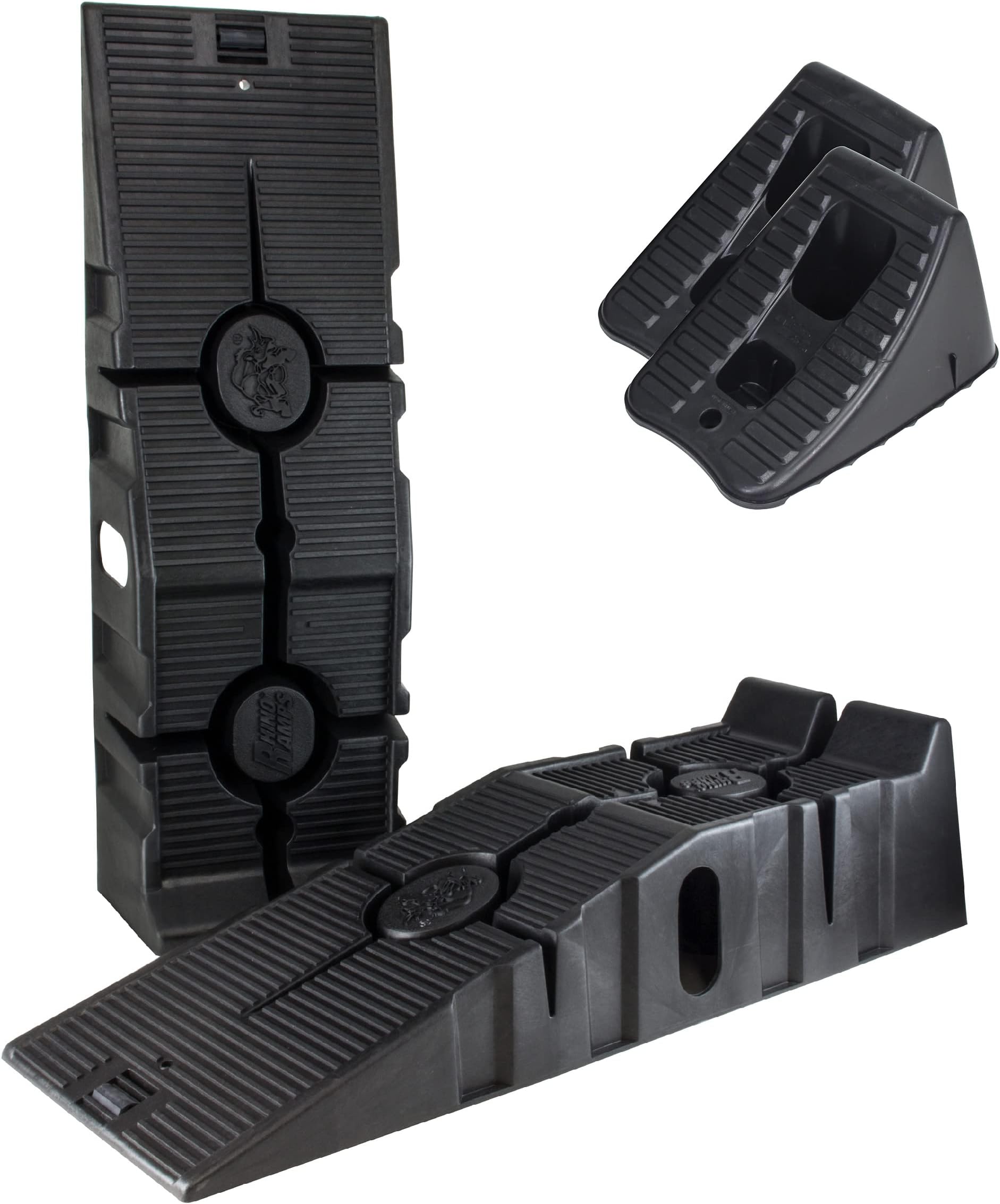 FloTool RhinoGear 11909RCMI 4 Piece RhinoRamp Vehicle Ramp Pair (12,000lb. GVW Capacity) and Wheel Chock Pair Bundle