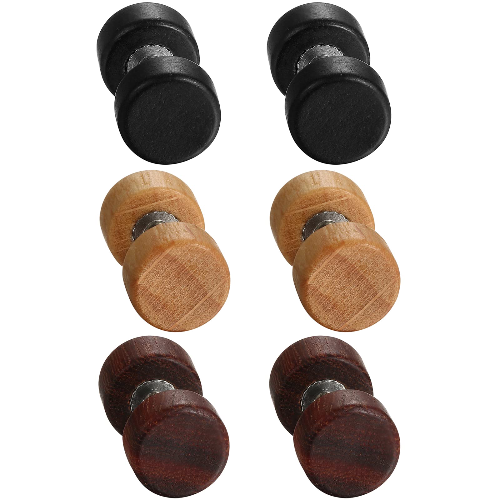 Cupimatch Hombres y Mujeres Pendientes - Madera Studs Botones - Juego de 6 Pendientes de Madera Marrón Negro Titanio Pin Insertar Pendientes Regalo Joyería 8mm