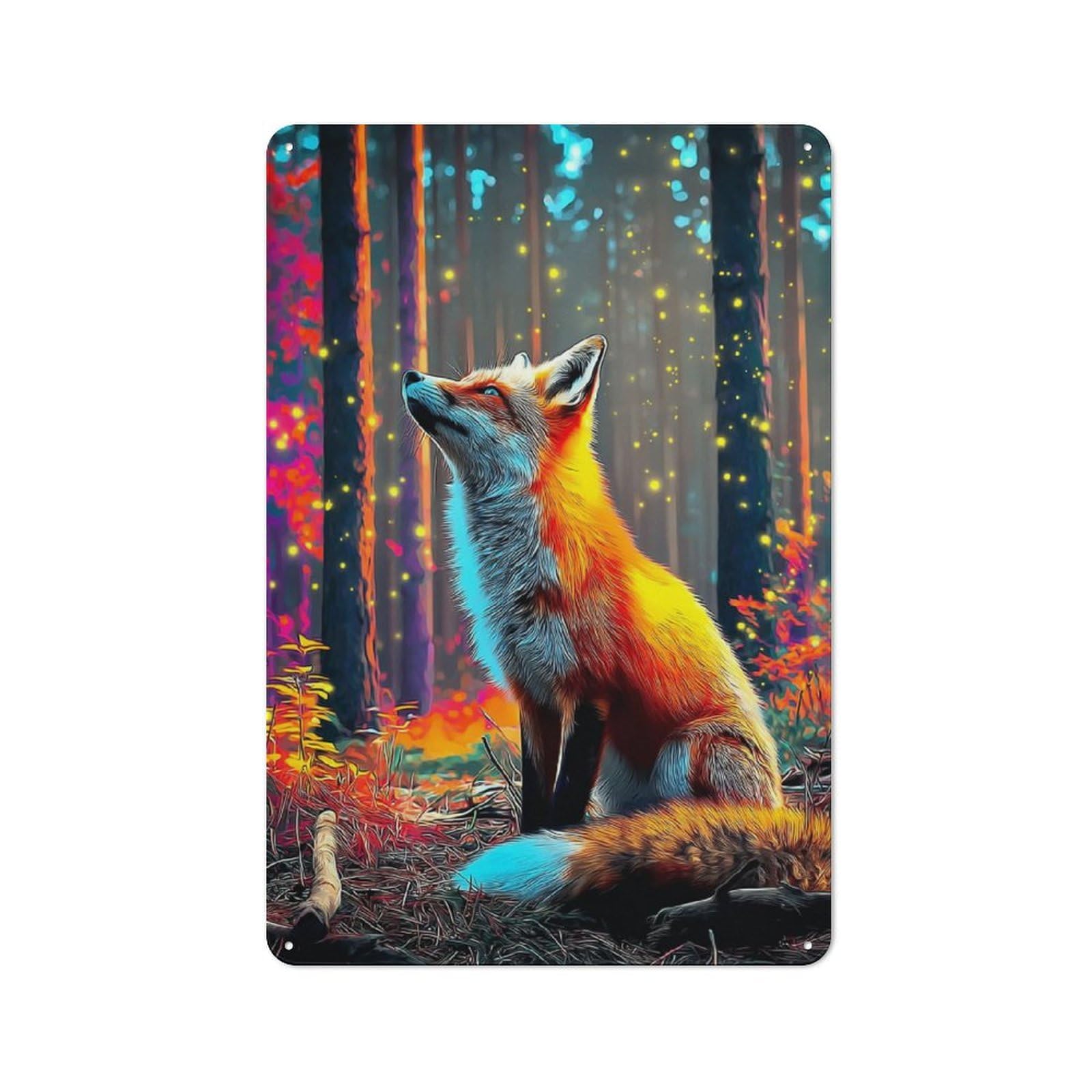 Junmoney Fox In Enchanted Forest Retro Metal Wall Sign 30X20cm For Hobby Room Or Studio, For Garage, Workshop And Man Cave Decoration