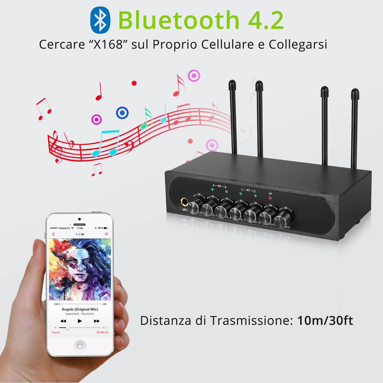 LiNKFOR Set di Microfoni Senza Fili Sistema con Echo UHF Sistema Microfonico Wireless Portatile a 4 Canali Volume e Frequenza Regolabile Microfonico Wireless con Ricevitore per Karaoke DJ Matrimoni