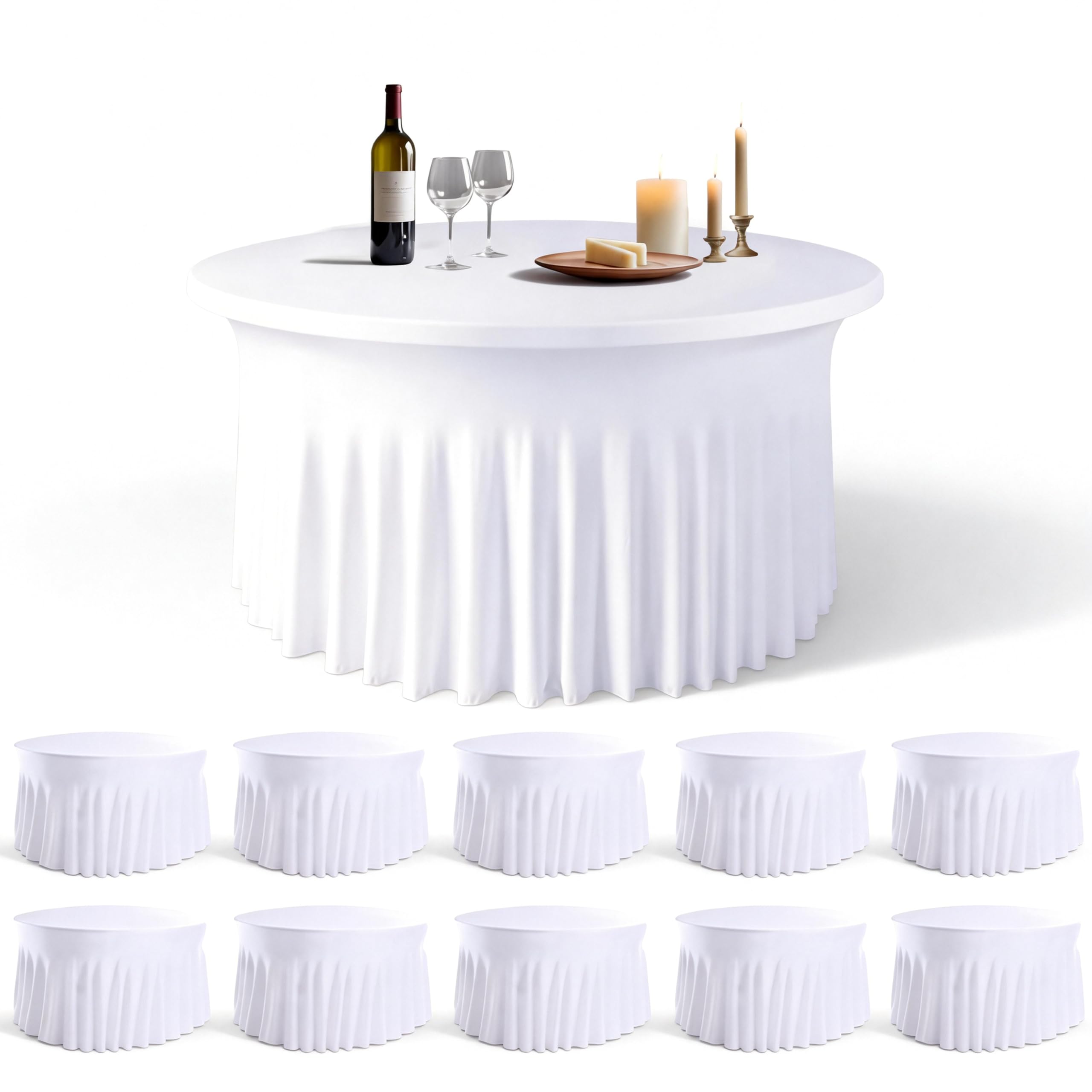 Photo 1 of WJWHQ 10 Pack White Round Spandex Tablecloths for 60in Tables, 120Inch Stretchy Fitted 5FT Round Table Clothes,Wrinkle Free Table Cover with Skirt for Wedding Party Dining Banquet