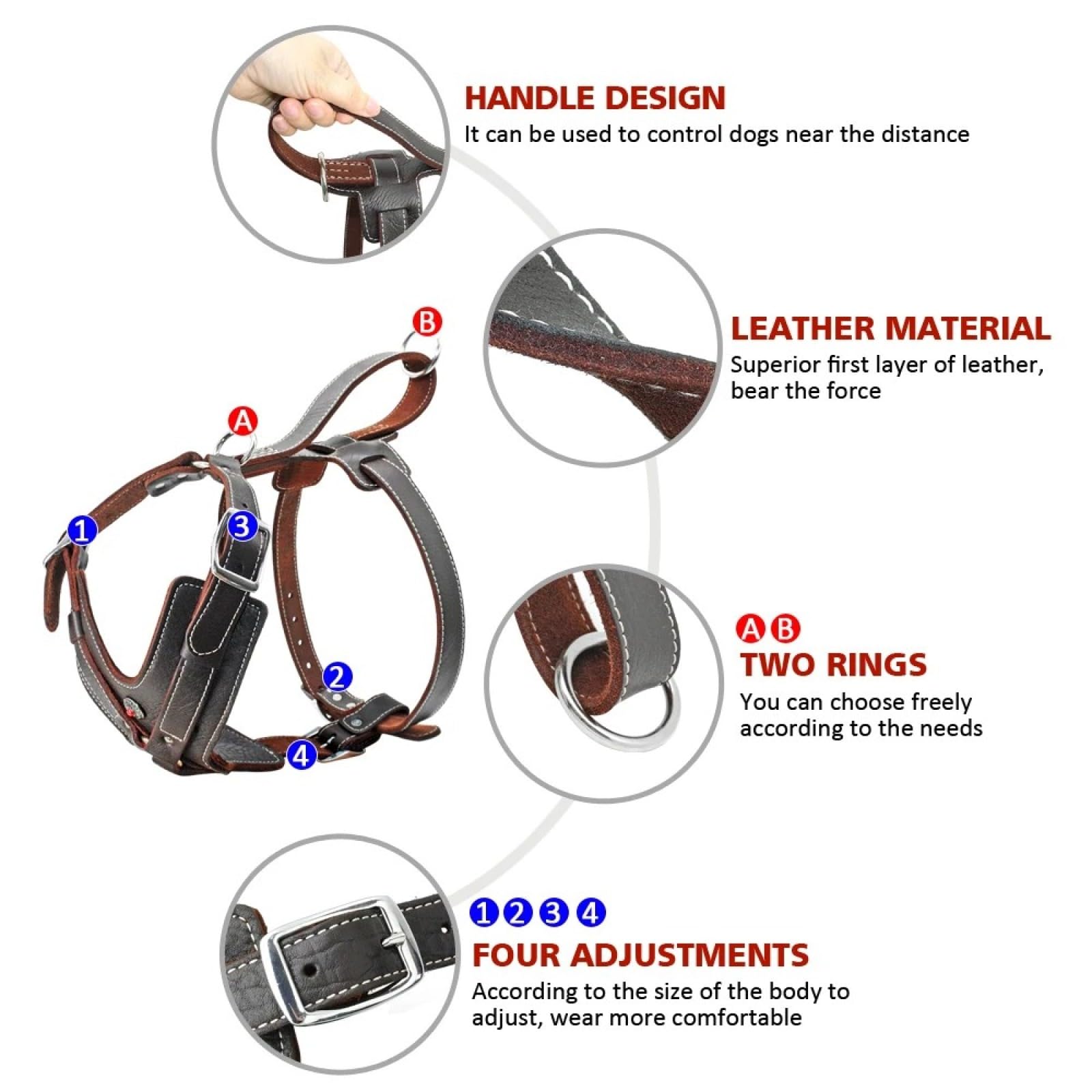 Control Rápido Ajustable con Mango, Arnés para Perros Grandes, Chaleco De Cuero Genuino Duradero para Perros, Arneses para Labrador Bulldog,Marrón,3XL