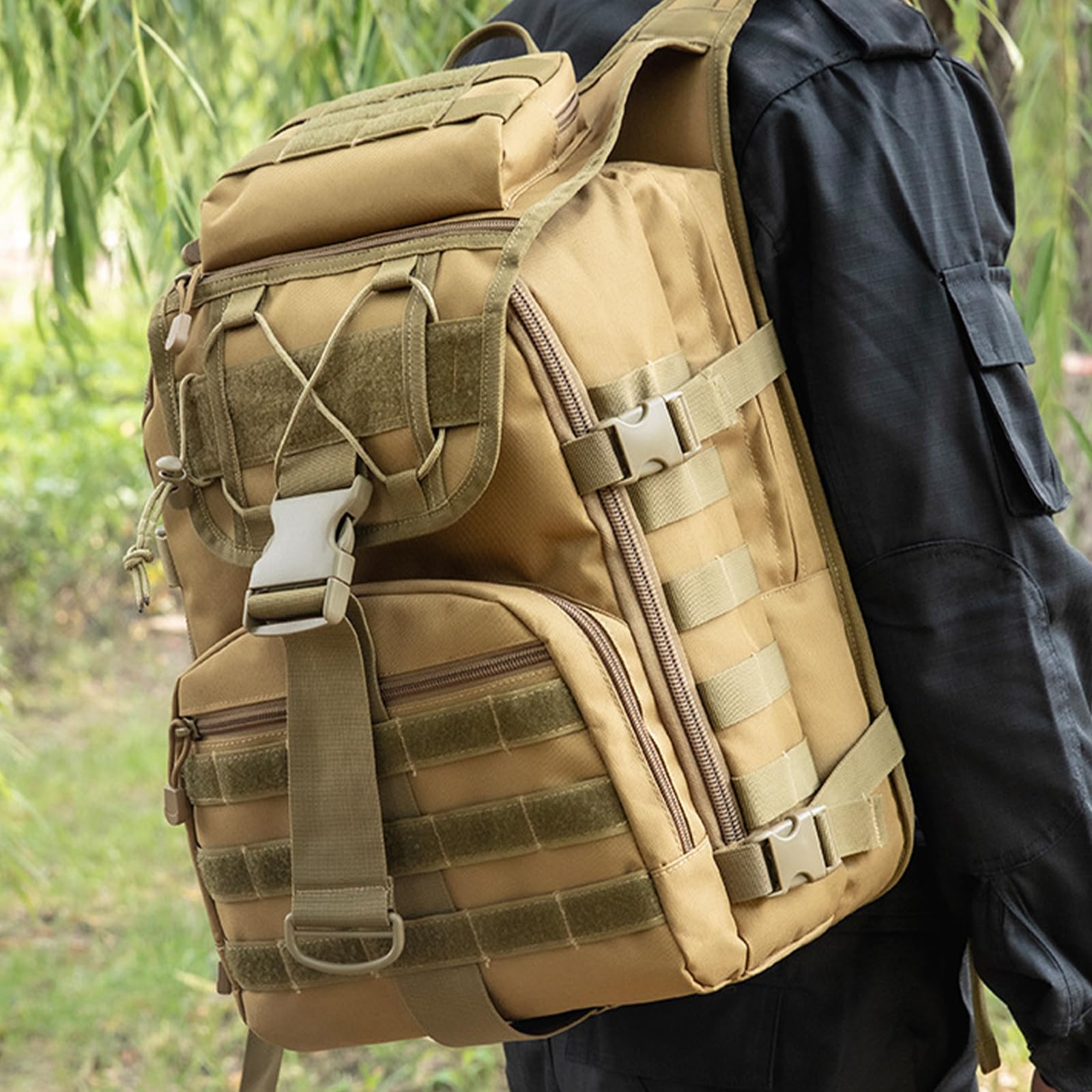 Zaino Militare 35 Litri Zaino Tattico da Viaggio Impermeabile Zaino Trekking Multitasche da Uomo per Campeggio, Escursionismo, Pesca, Ciclismo (Nero)