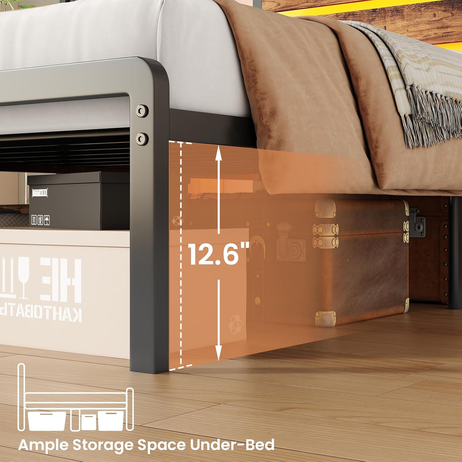 Twin Size Bed Frames with Charging Station and LED Lights, Metal Platform Bed with Wood Storage Headboard, Heavy Duty Metal Slats, Under Bed Storage, No Box Spring Needed, Noise-Free, Easy Assembly