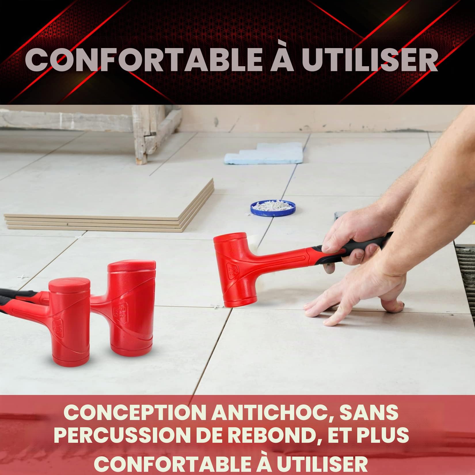YIYITOOLS YY-3-013 Lot de 3 marteaux à percussion morte 453,6 g (0,5 kg), 765,4 g (0,7 kg), 1,275,7 g (1,4 kg) conception anti-choc, pas de rebondissement, rouge et noir, noir, rouge