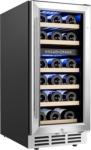 EUHOMY Refrigerador de vino de 15 pulgadas, enfriador de vino de doble zona con control digital de temperatura, compresor mejorado para bajo ruido,