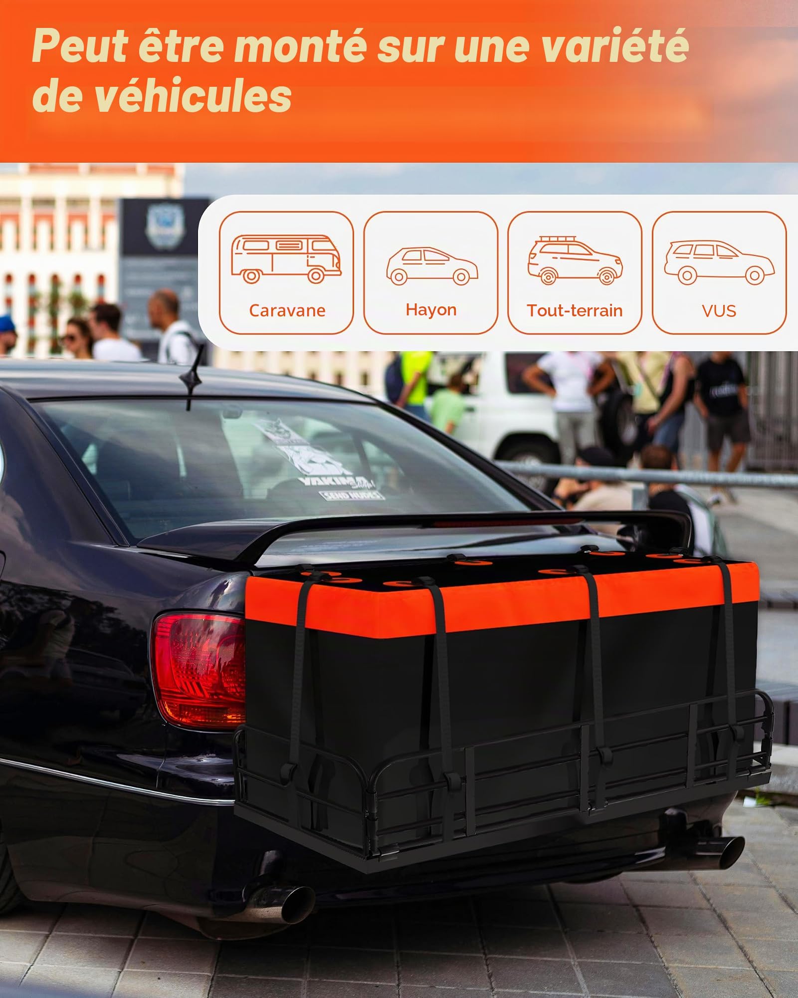Porte-bagages en softshell pour attelage de remorque, Noir et orange., 21 Kubikfuß