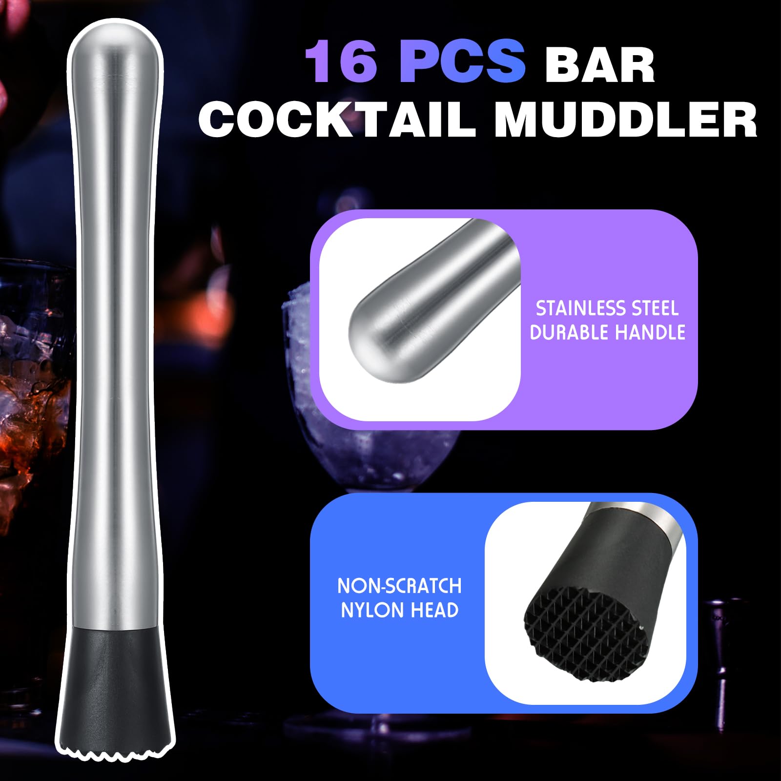 Zonon 16 pezzi pestello per cocktail in acciaio inox per bevande Muddler 20,3 cm lungo Mojito Muddler Bar Muddler Strumento Muller per bevande Ice Crusher Bartender Tools Set Home Bartender Bar