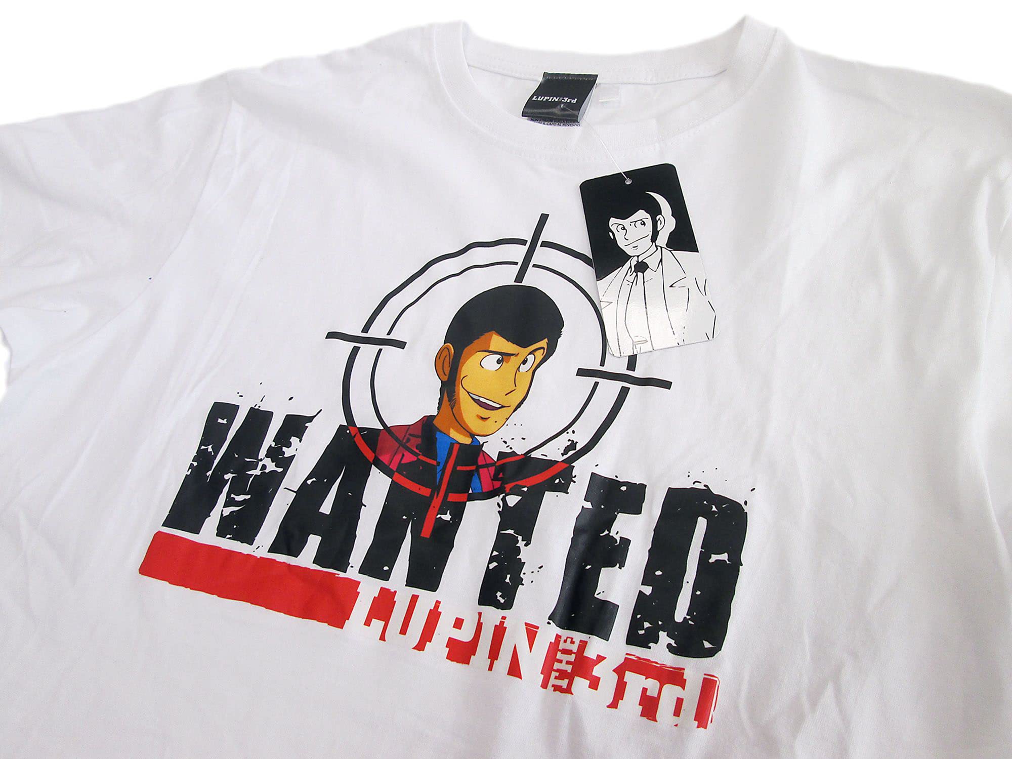 T Shirt Lupin III Wanted. Koszulka z krótkim rękawem w 100% bawełna. Biała koszulka Unisex. Dorosły Chłopiec.