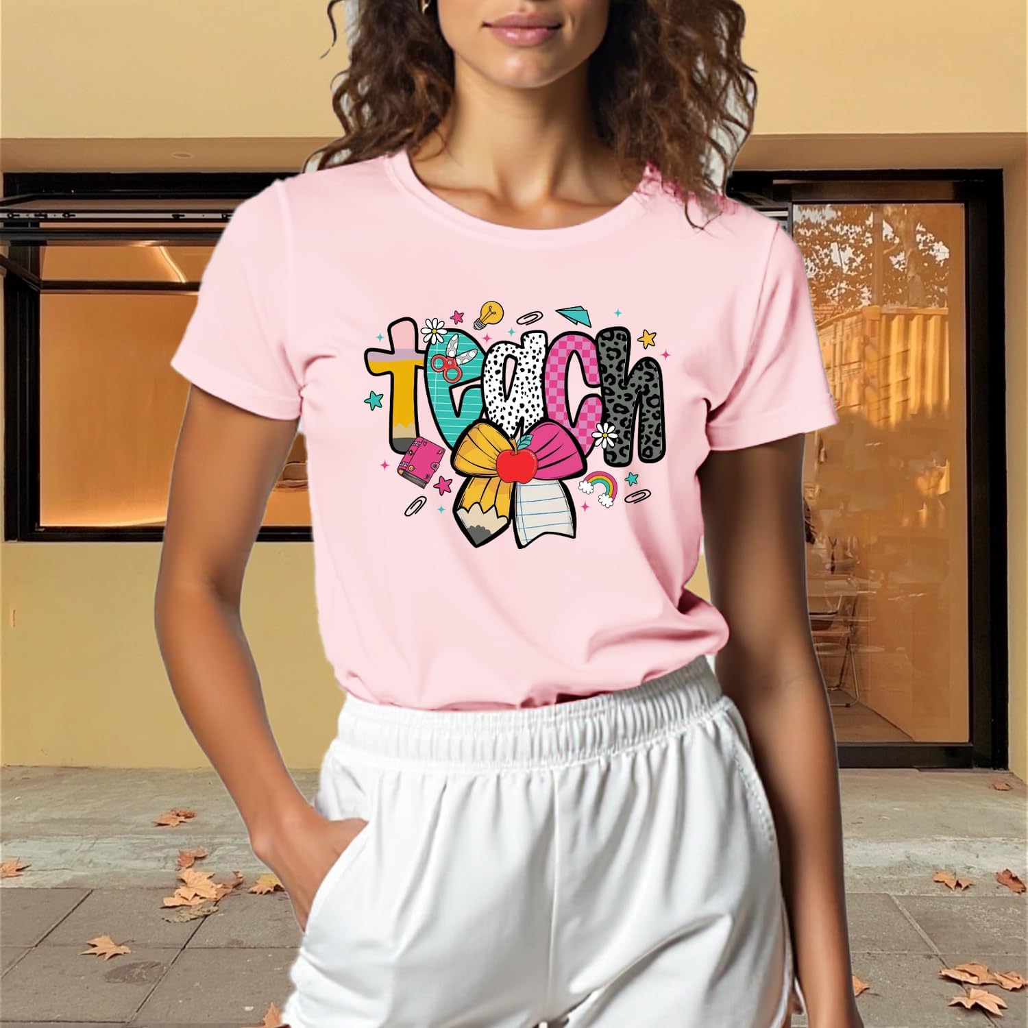 Teacher Shirts for Women Teach Teaching Tshirts Bow Pencil Shirt Teacher Life Tee Tops - Image 4