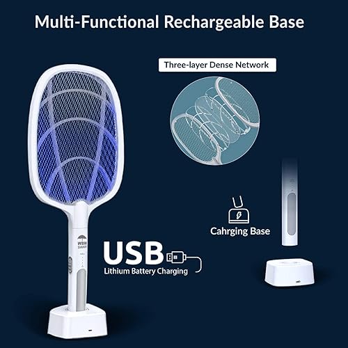 Miniatura 4 de WBM SMART Matamoscas eléctrico 2 en 1, lámpara de trampa de mosquitos y raqueta, matamoscas eléctrico recargable por USB y brillo del Himalaya 2 en