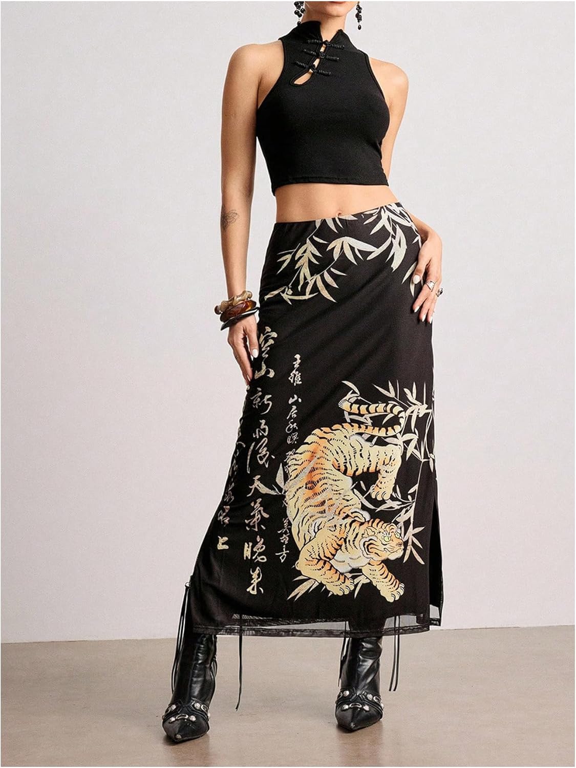 GORGLITTER Women's Pattern Skirt Sheer Mesh Split High Waisted Y2k Vintage Bodycon Midi Pencil Skirts