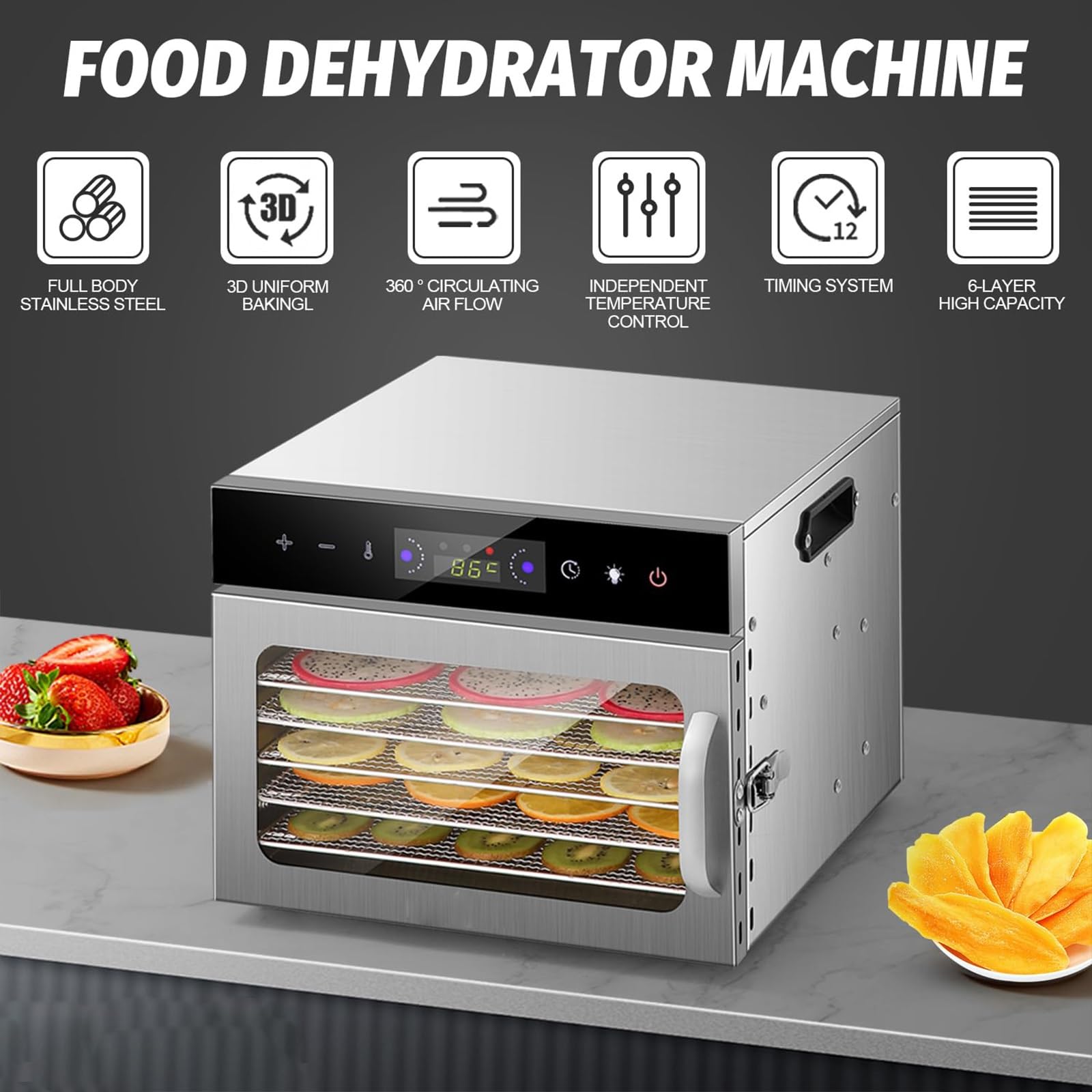 Generico Essiccatore per Alimenti, Essiccatore con Vassoio in Acciaio Inossidabile, Essiccatore per Alimenti con Temperatura E Timer Regolabili