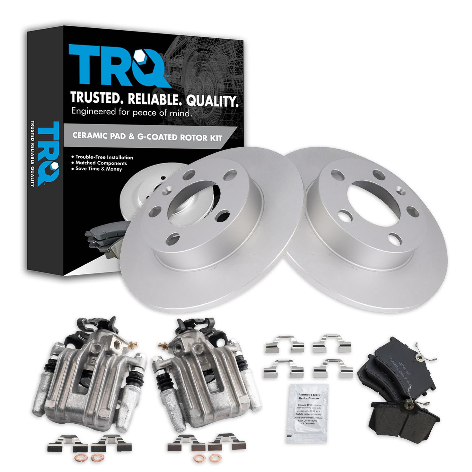 TRQ Rear Brake Pad and Rotor Set Ceramic Solid Rotors Calipers