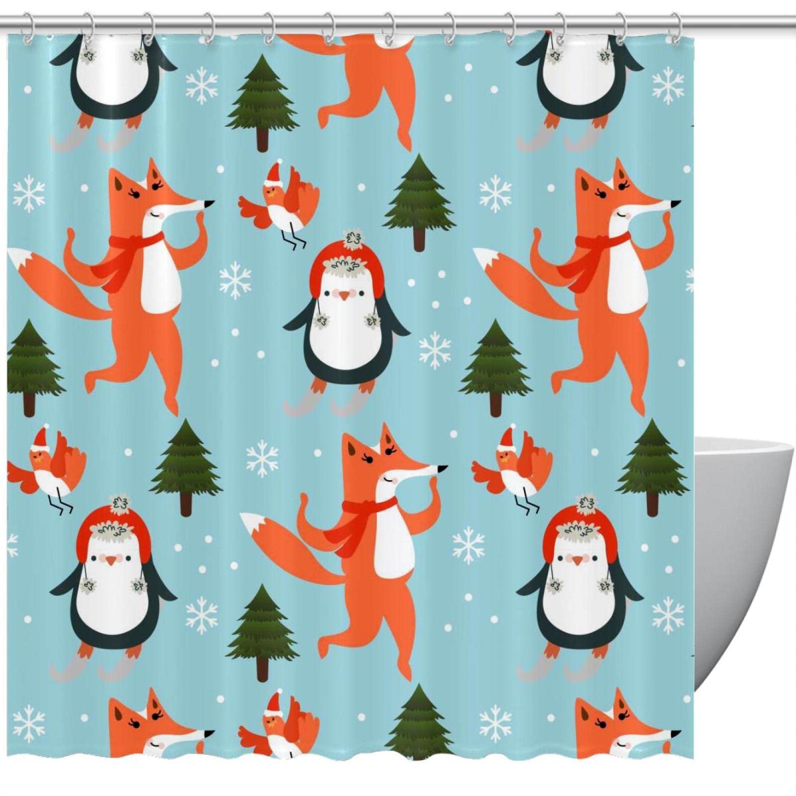 Rideau de douche Animaux de Noël 183cm grand format anti-moisissure