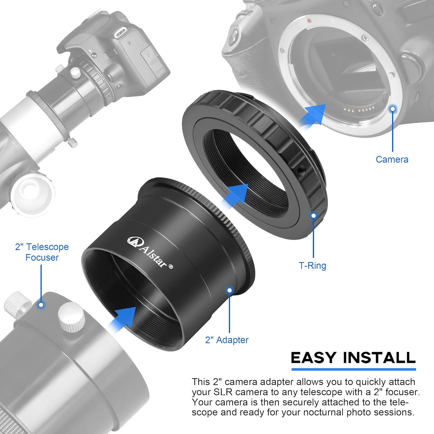 Alstar 2" ED 2X Telescope Barlow Lens - Bundle with - Ni kon T2 T-Ring and M42 to 2" T-Adapter