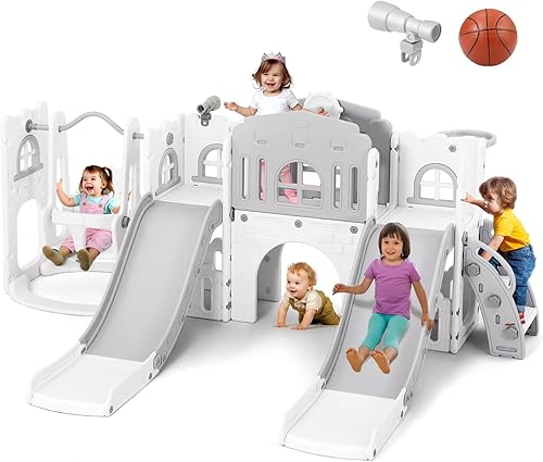 JOYLDIAS Juego de tobogán 10 en 1 para niños pequeños, escalador doble con columpio, aro de baloncesto, telescopio, túnel, espacio de almacenamiento