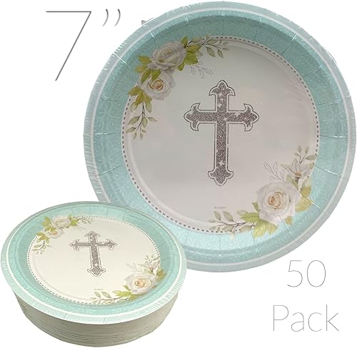 Miniatura 4 de Oojami 100 platos de papel de 50 a 9 pulgadas, platos de papel de postre de 50 a 7 pulgadas para bautismo de bebé, primera comunión, bautizo,