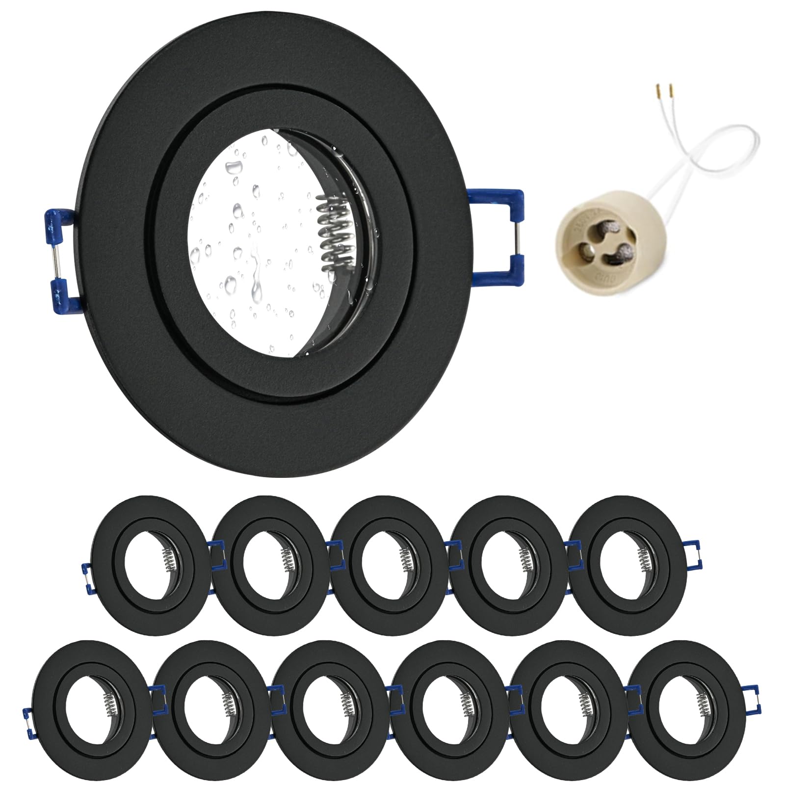GeyouLux Marco Foco Empotrable Nero Incl. GU10 Zócalo IP44 Ojos de buey led para techo Aluminio Downlight led techo empotrable Para 50MM MR16 Lámparas O Halógena Baño Sala Cocina, 12 Pack, 68mm