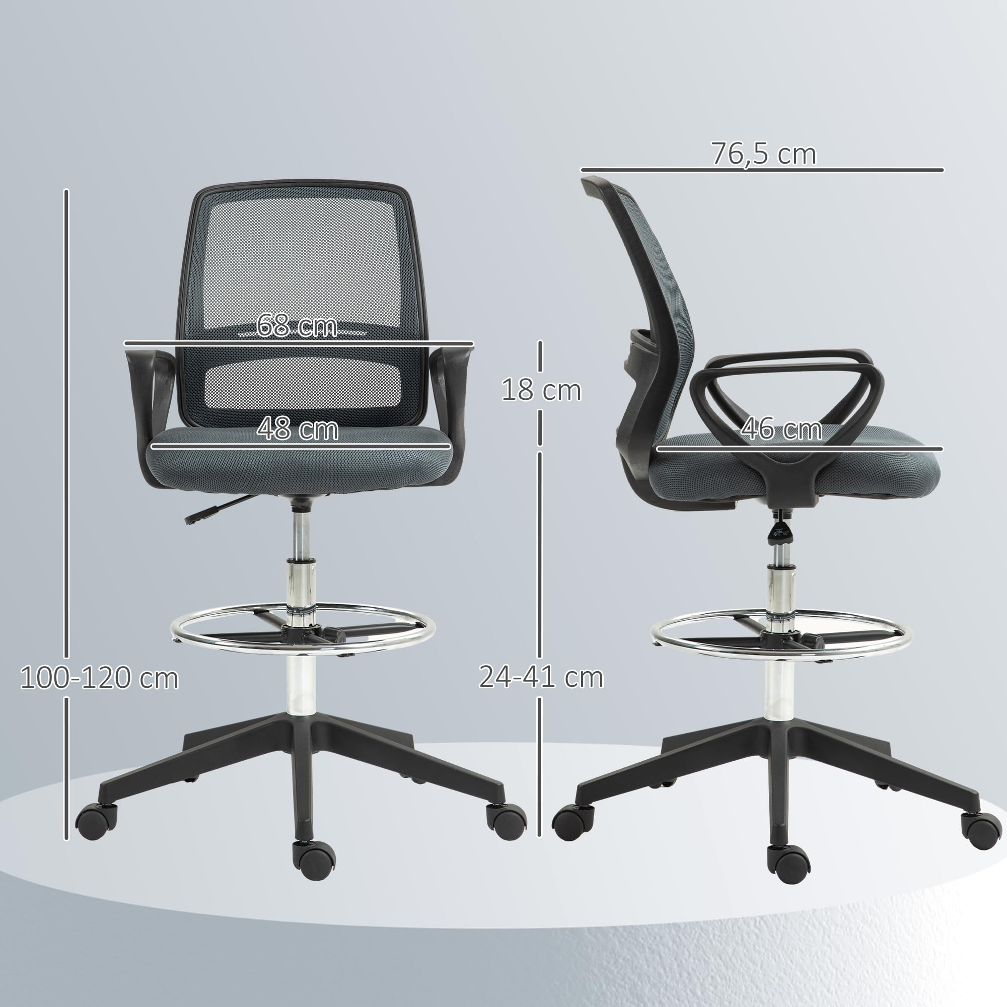 Vinsetto Bürostuhl Ergonomischer Schreibtischstuhl mit Armlehnen Grau | Verstellbarer Fußring, Höhenverstellbarer Drehstuhl, Netzbespannung