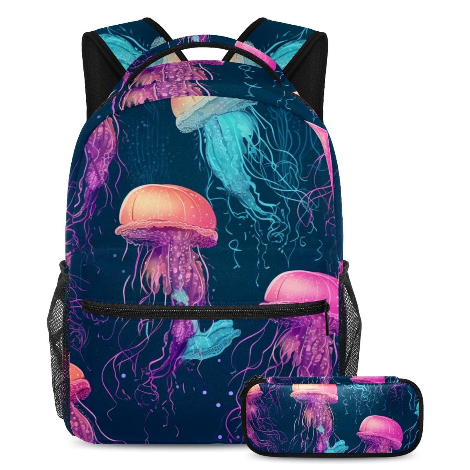 Sac à dos bleu océan grand format avec trousse méduse colorée - 2