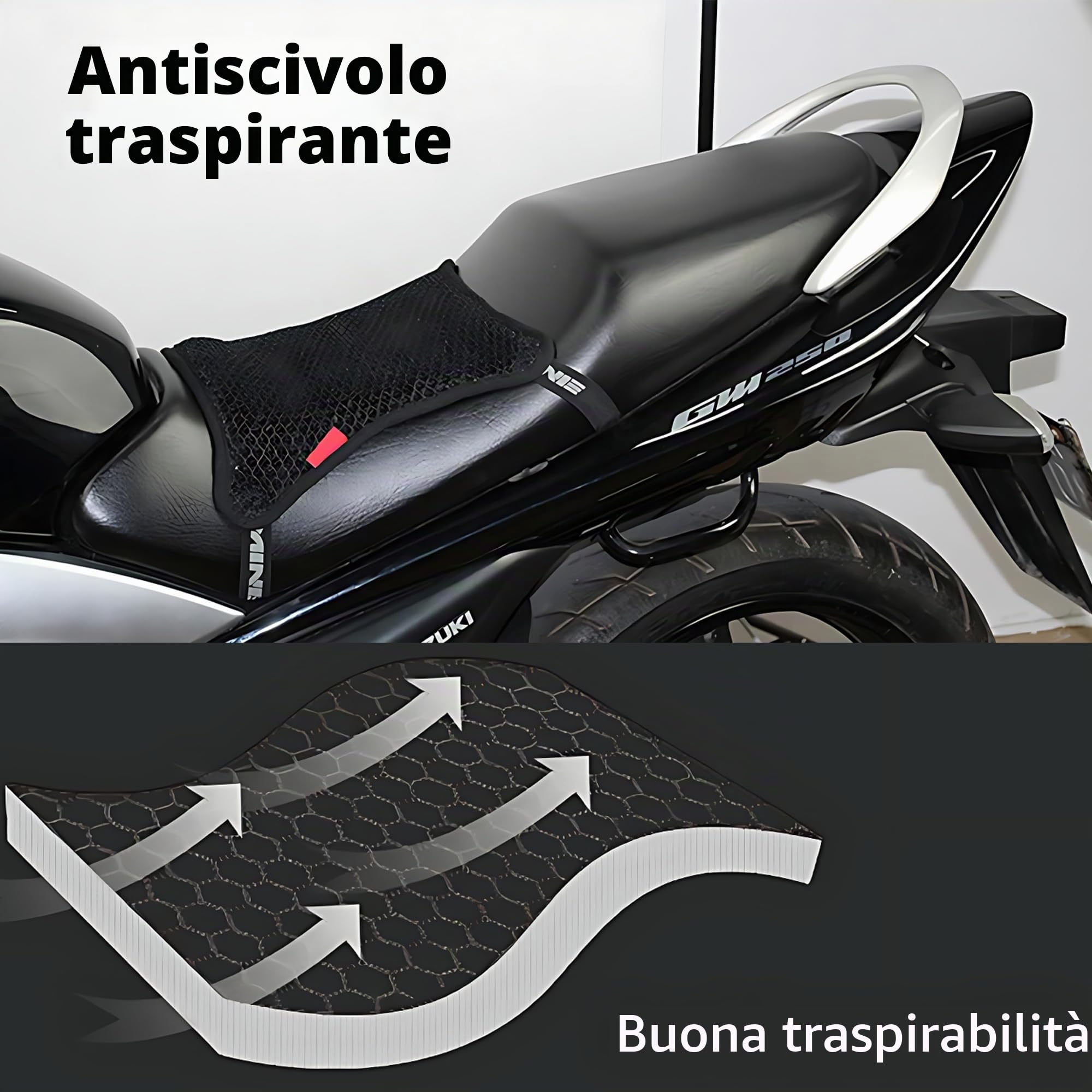 Cuscino Sella Moto, Cuscino Moto Passeggero, Materiali Della Rete Spaziale 3D, Dimensioni 36 * 32cm, Struttura Apicolare Bionica, Respirabile, Ammortizzante, Antiscivolo, Confortevole