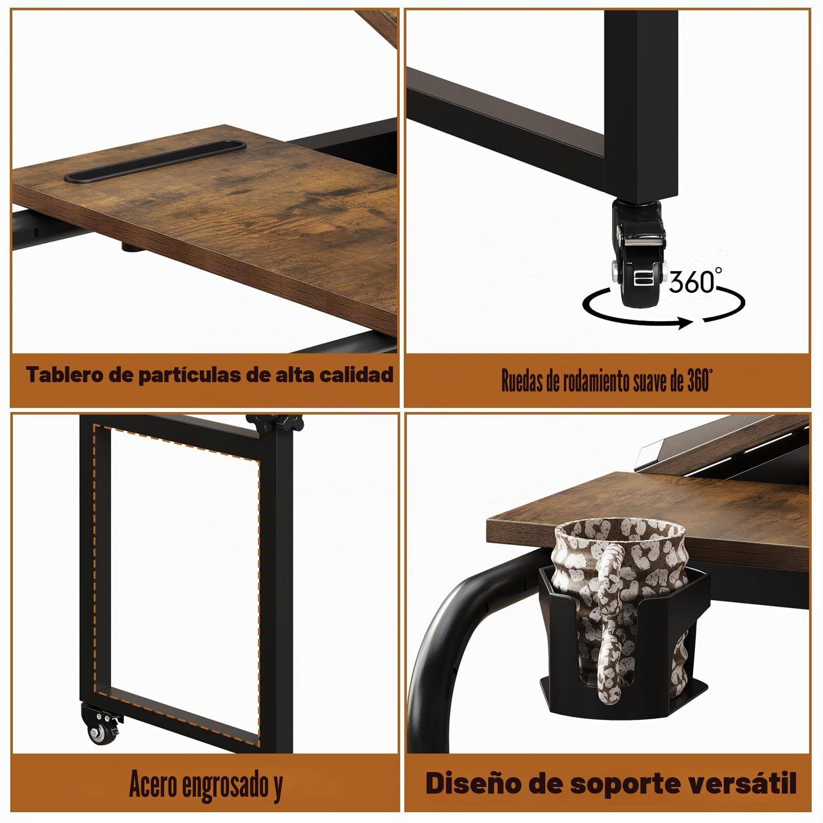 VEDECASA Mesa de cama plegable con ruedas, altura ajustable, mesa de cama para hospital y hogar, portátil, con estante para ordenador portátil, comida o libros (marrón)