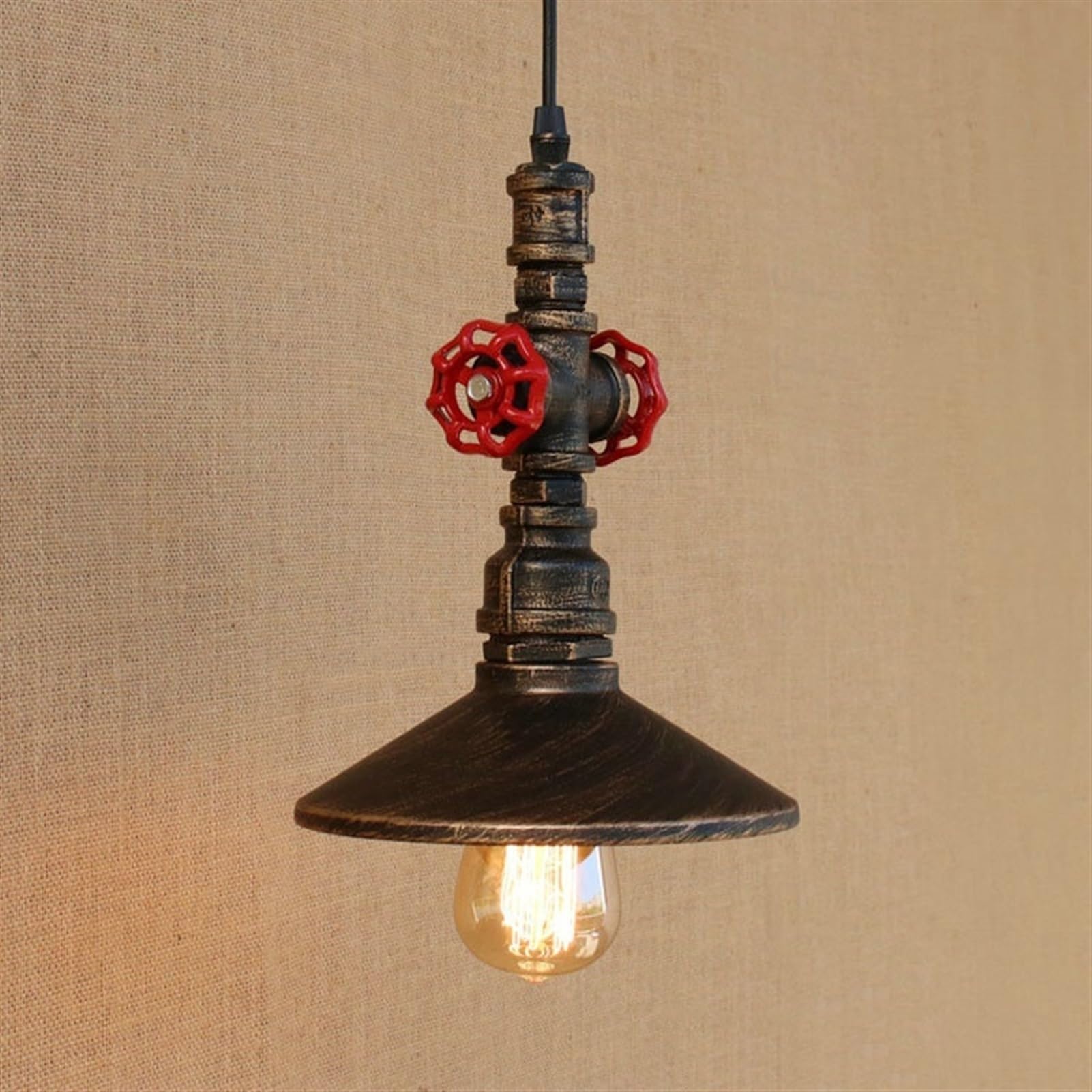 BLOOHK Industrial Steampunk Pendant Light, Vintage Water Pipe Hanging Lamp with Red Valve, Retro Metal Bell Shade for Kitchen Island, Bar, Cafe, Loft
