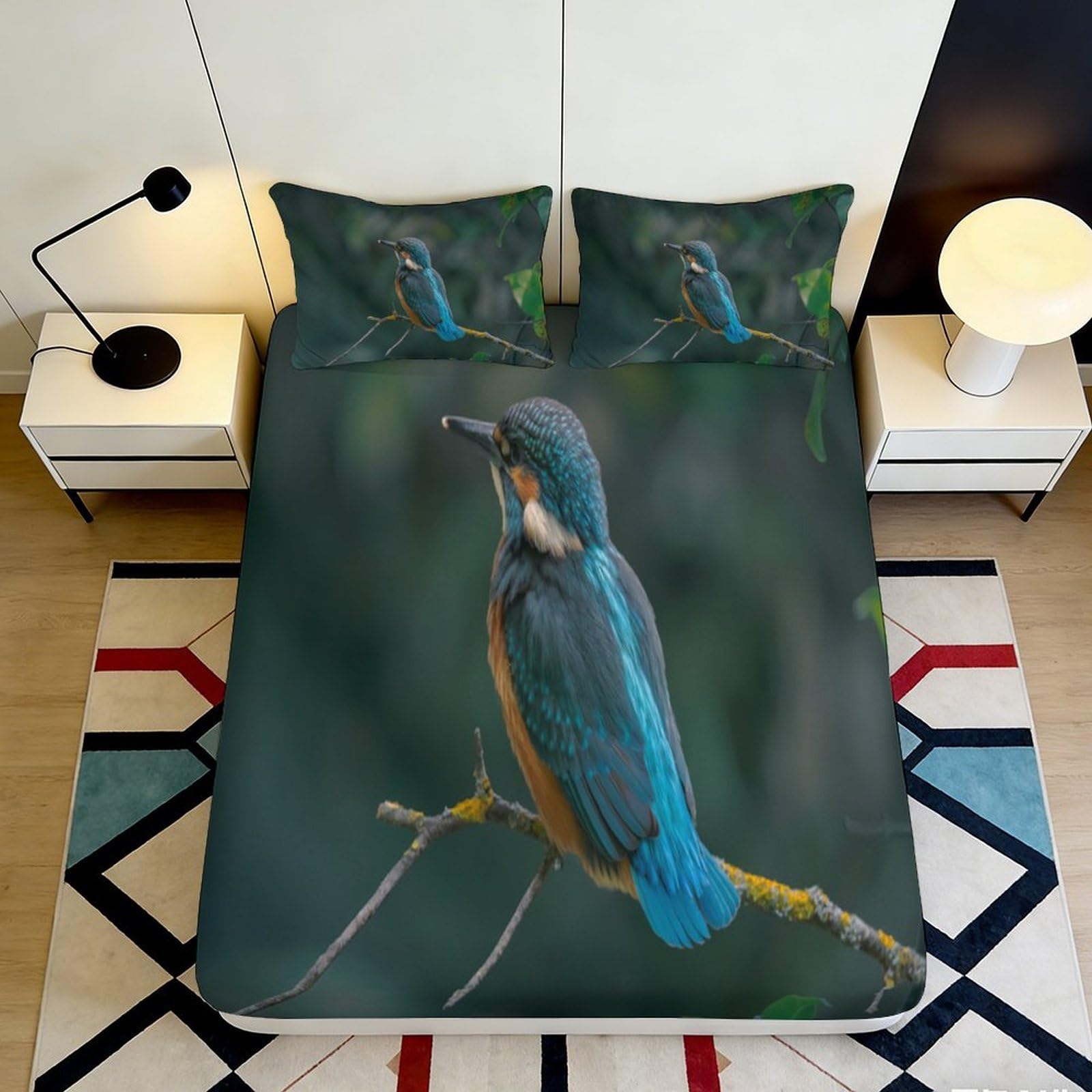 3D Printed Kingfisher Bird Fitted Sheet Microfiber Soft Durable Blue Green Nature Mattress Cover for Bedroom Dormitory Guest Room Mattress Protection 160x200x25cm