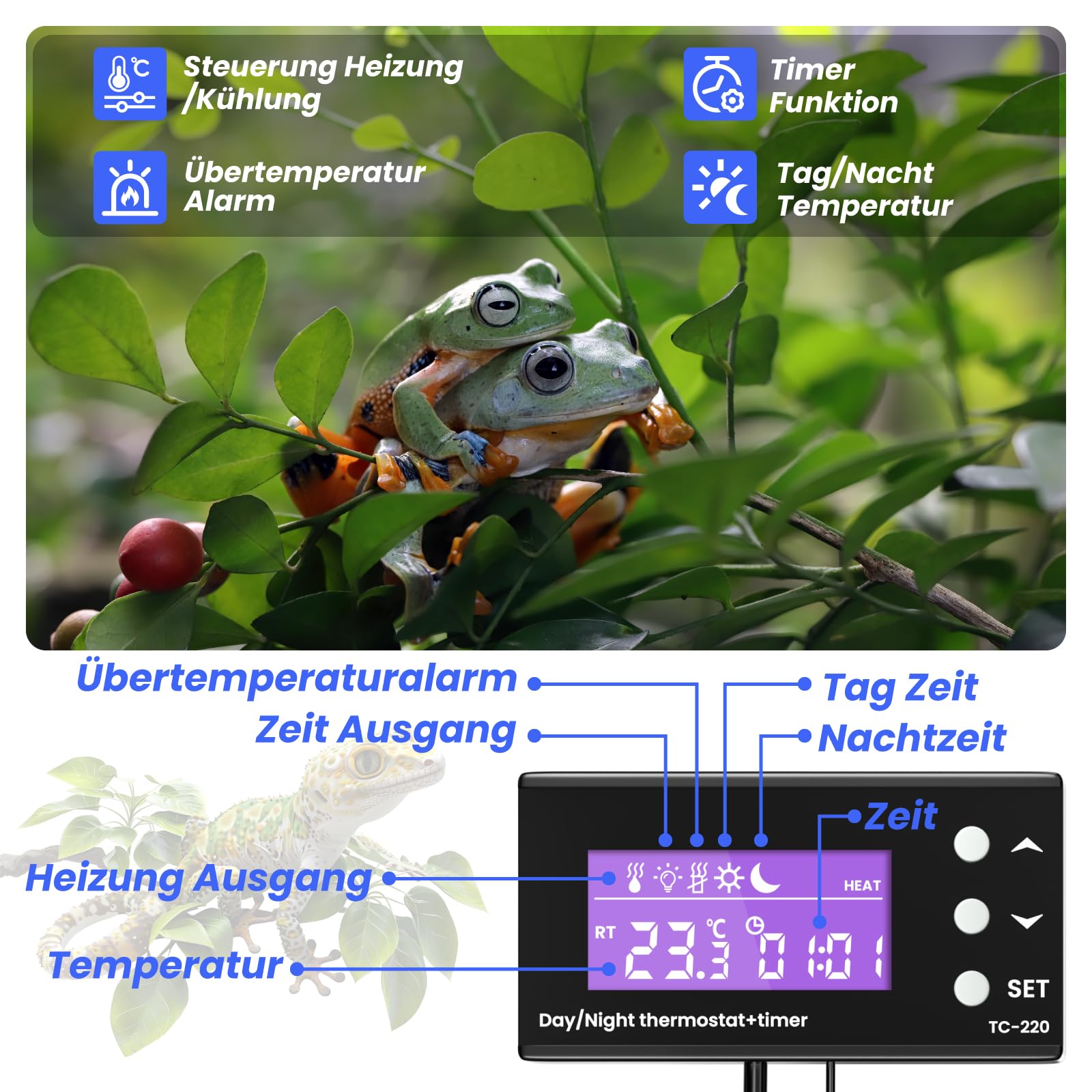 GlowUp 220V Reptilien Digital Thermostat Temperaturregler mit Heizung oder Kühlung, Tag Nacht Timer Stecker Steckdose Temperaturregler für Inkubator Gewächshaus Brühlüfter Kühlschrank Aquarium