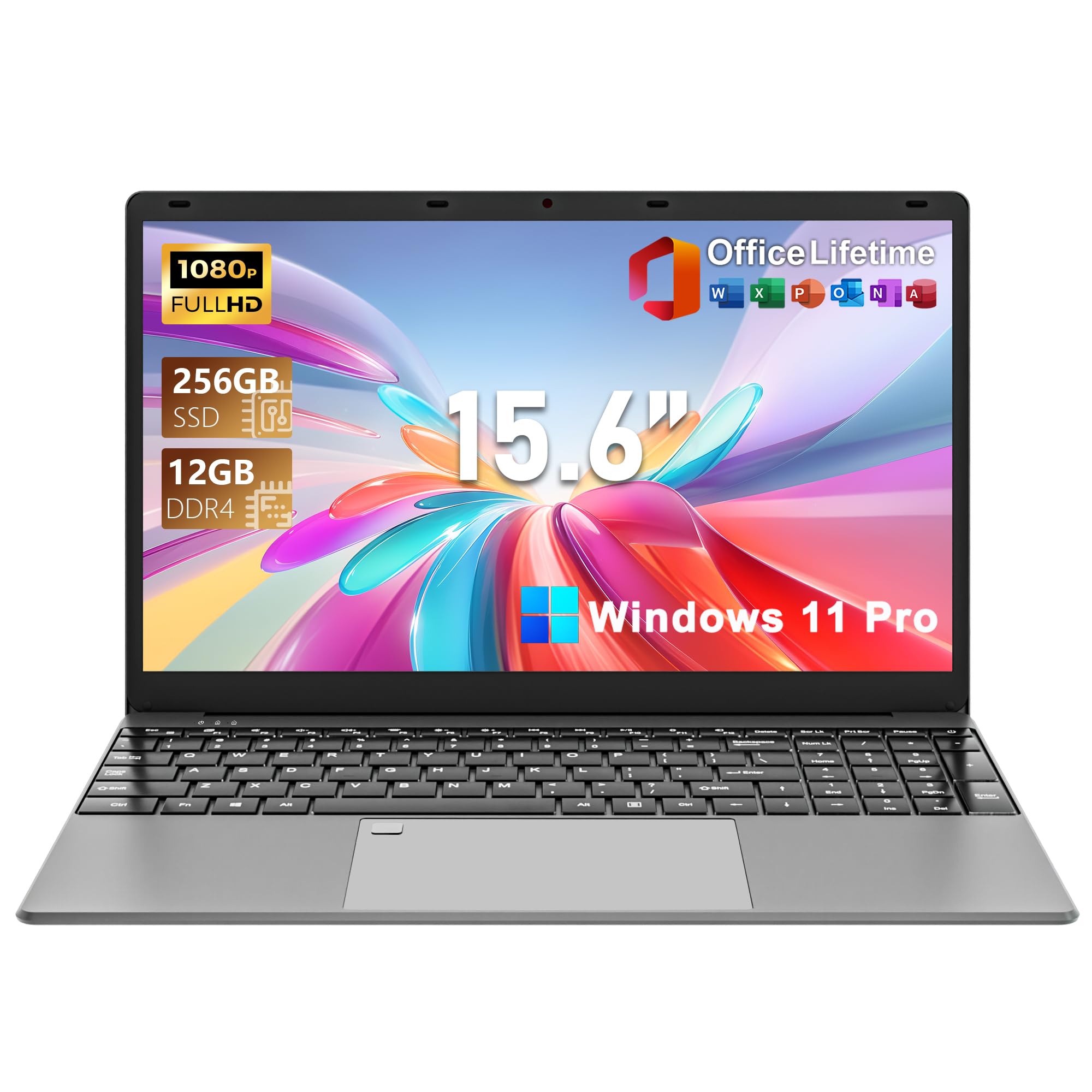 Photo 1 of 2026 15.6 Inch FHD IPS Laptop for Business and Home, 12GB RAM, 256GB SSD, Intel 5205U Processor, Backlight Keyboard, Fingerprint, Numeric Keyboard, Camera, USB, Win 11 Pro, w/Office Lifetime License