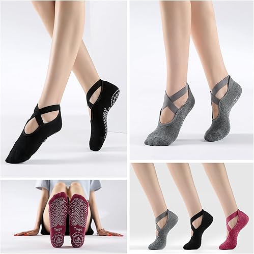 Miniatura 2 de SpringPlus 3 pares de calcetines de yoga para mujer con agarre antideslizante, pilates, barra, yoga, embarazo, baile, entrenamiento descalzo