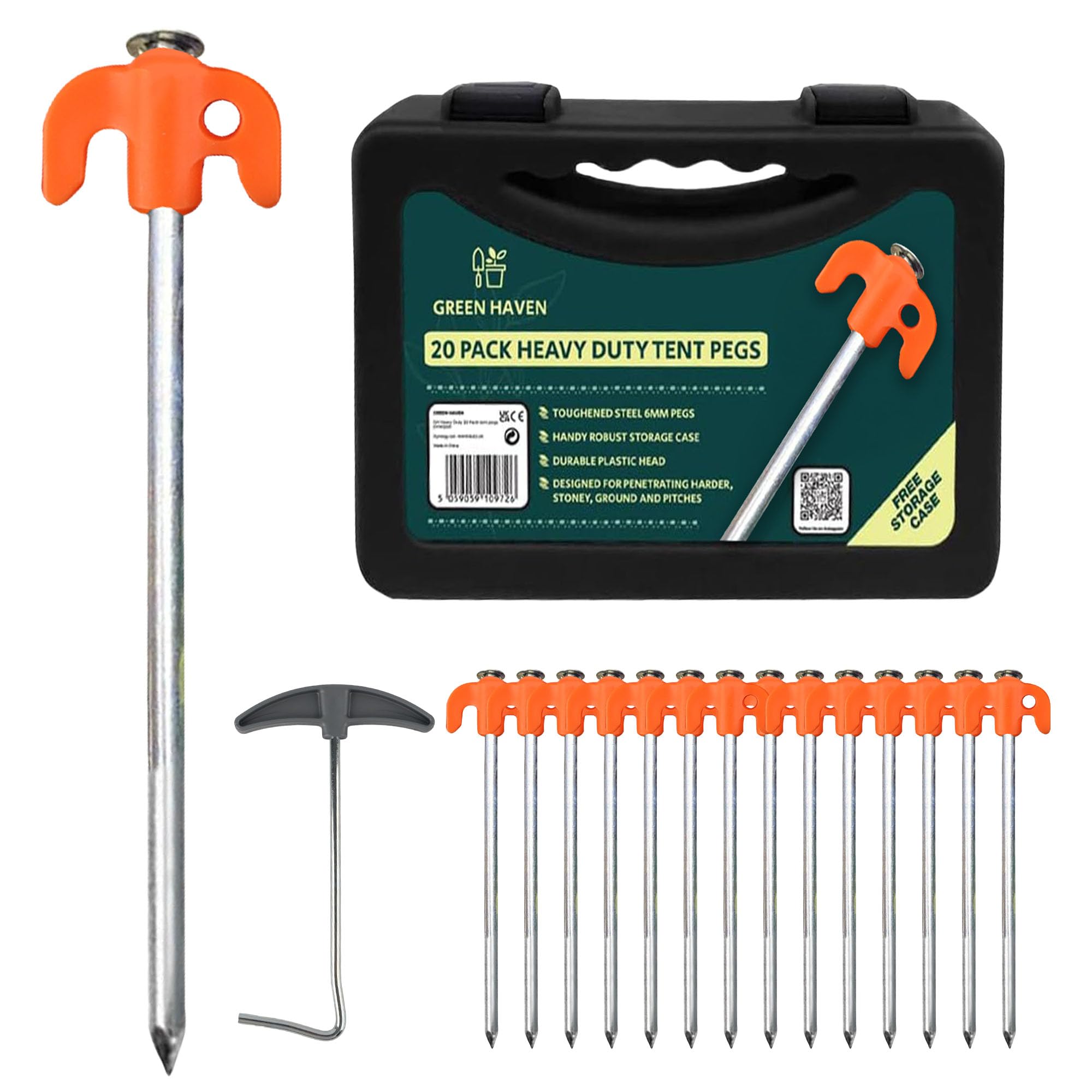 Green Haven Heavy Duty Tent Pegs 20 Pack | With Peg Remover & Carry Case