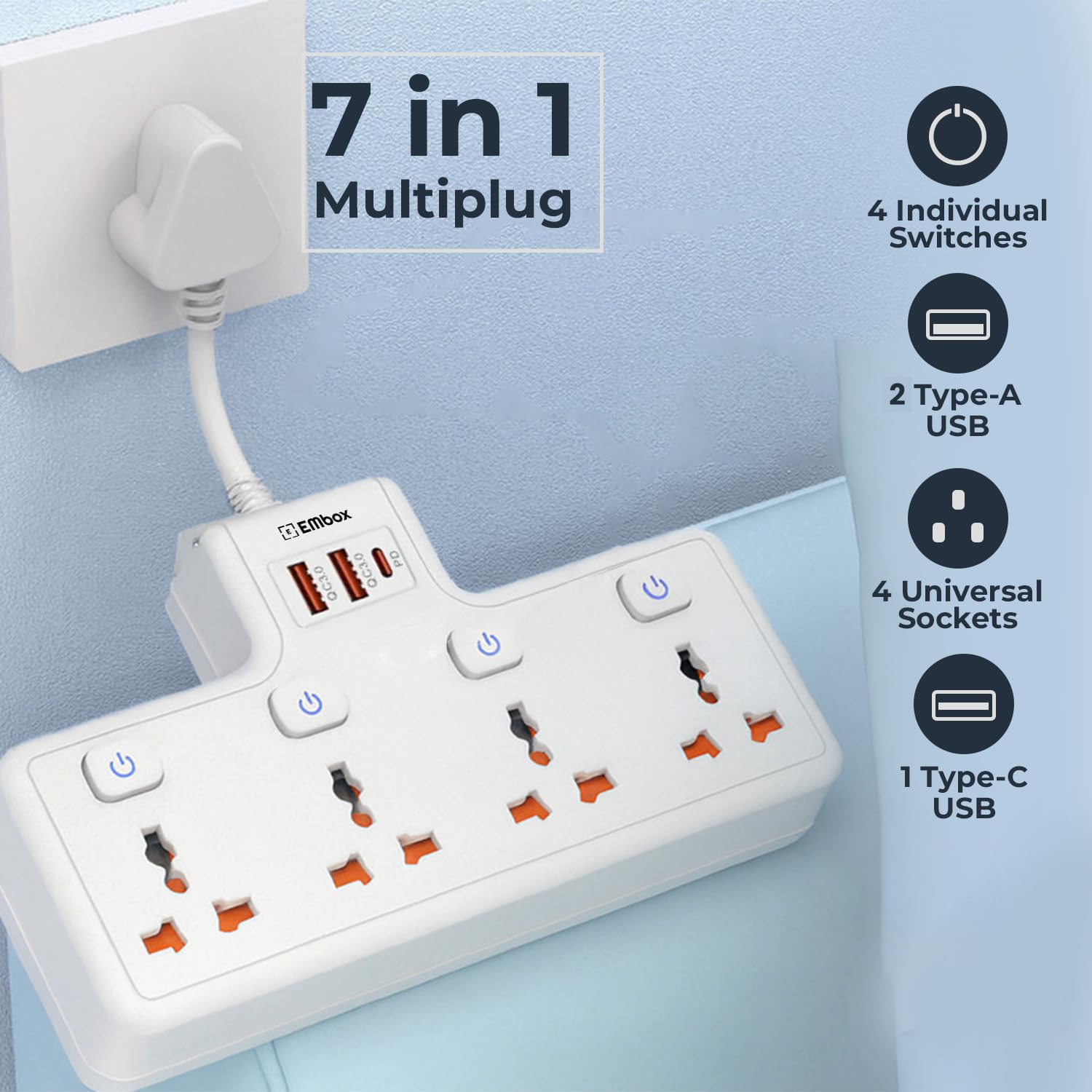 Embox 20W Multi Plug Adapter Type-C PD Fast Charging| Extension Board with USB C & Switches (QC3.0) | Multiplug Socket with 4 Universal Sockets 2Type-A & 1Type-C Ports | White 4