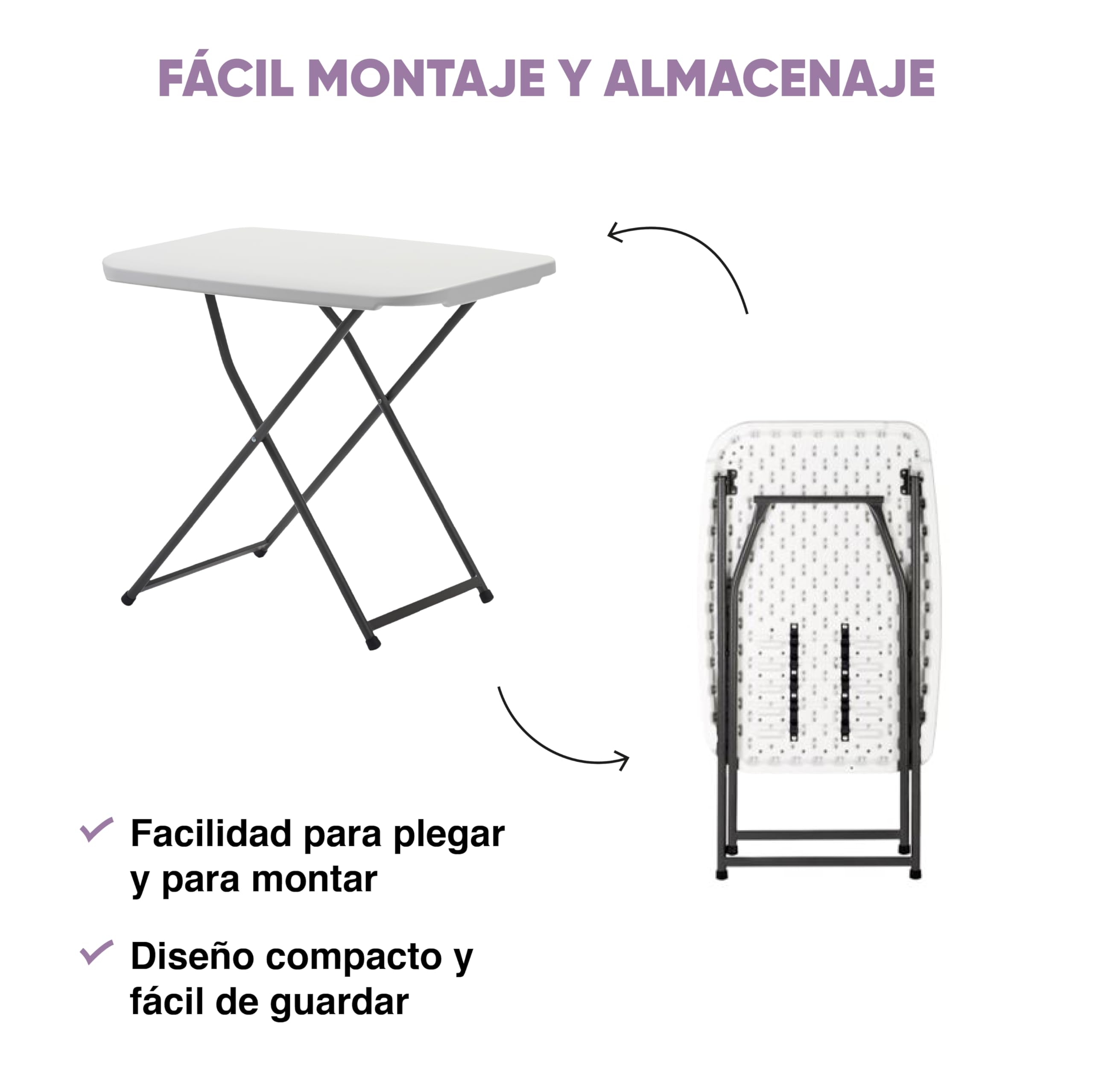 KG KITGARDEN - Mesa Plegable Auxiliar con Altura Ajustable, 50x75x56-73cm, Rectangular, Blanco