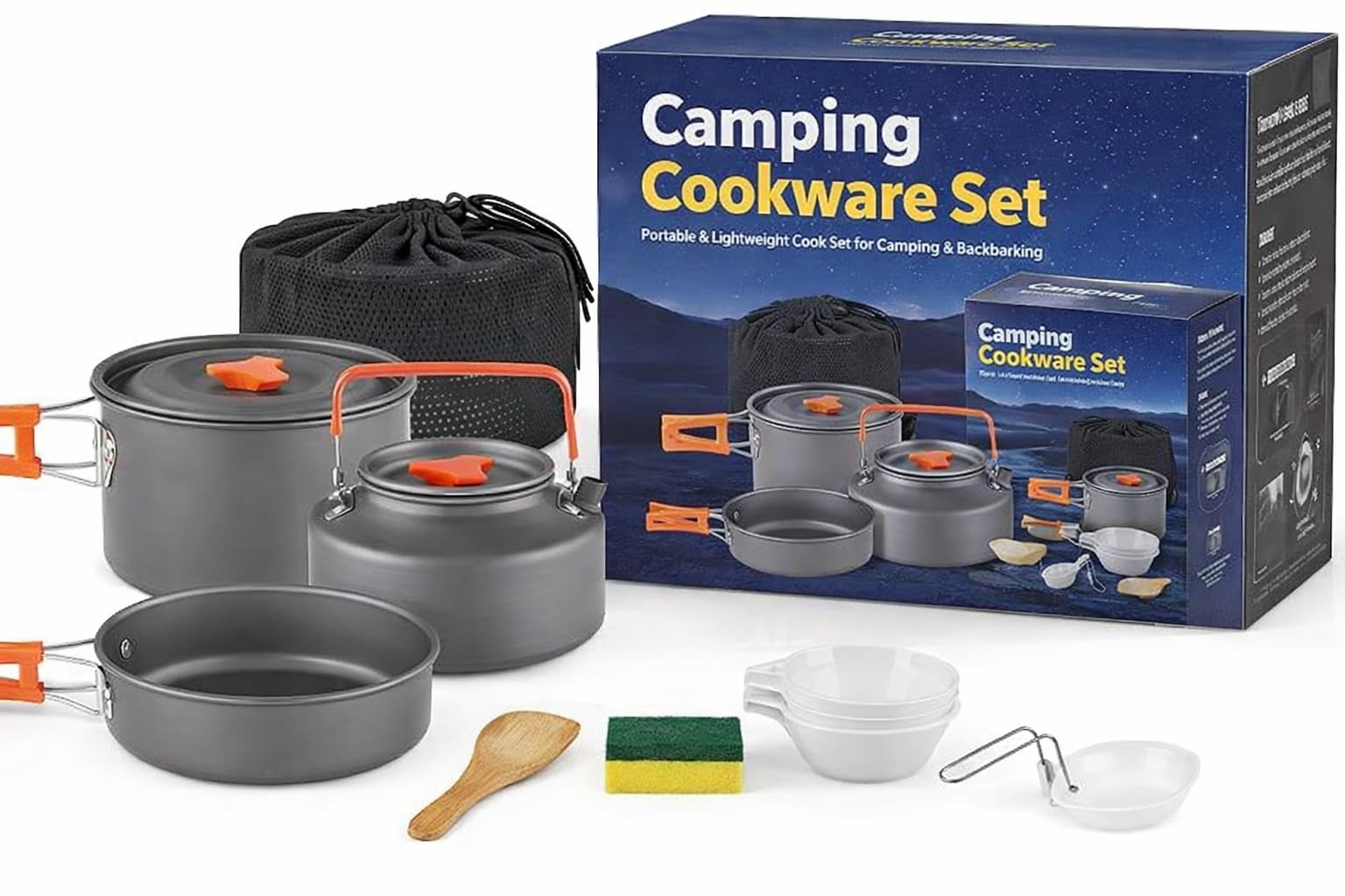 Camping Cookware Set – 11 Pcs Lightweight Outdoor Mess Kit | Non-Stick Pot, Pan, Kettle with Foldable Handles | Hiking & Backpacking Cooking Set for Camping, Trekking, Travel & Picnics-picture-30