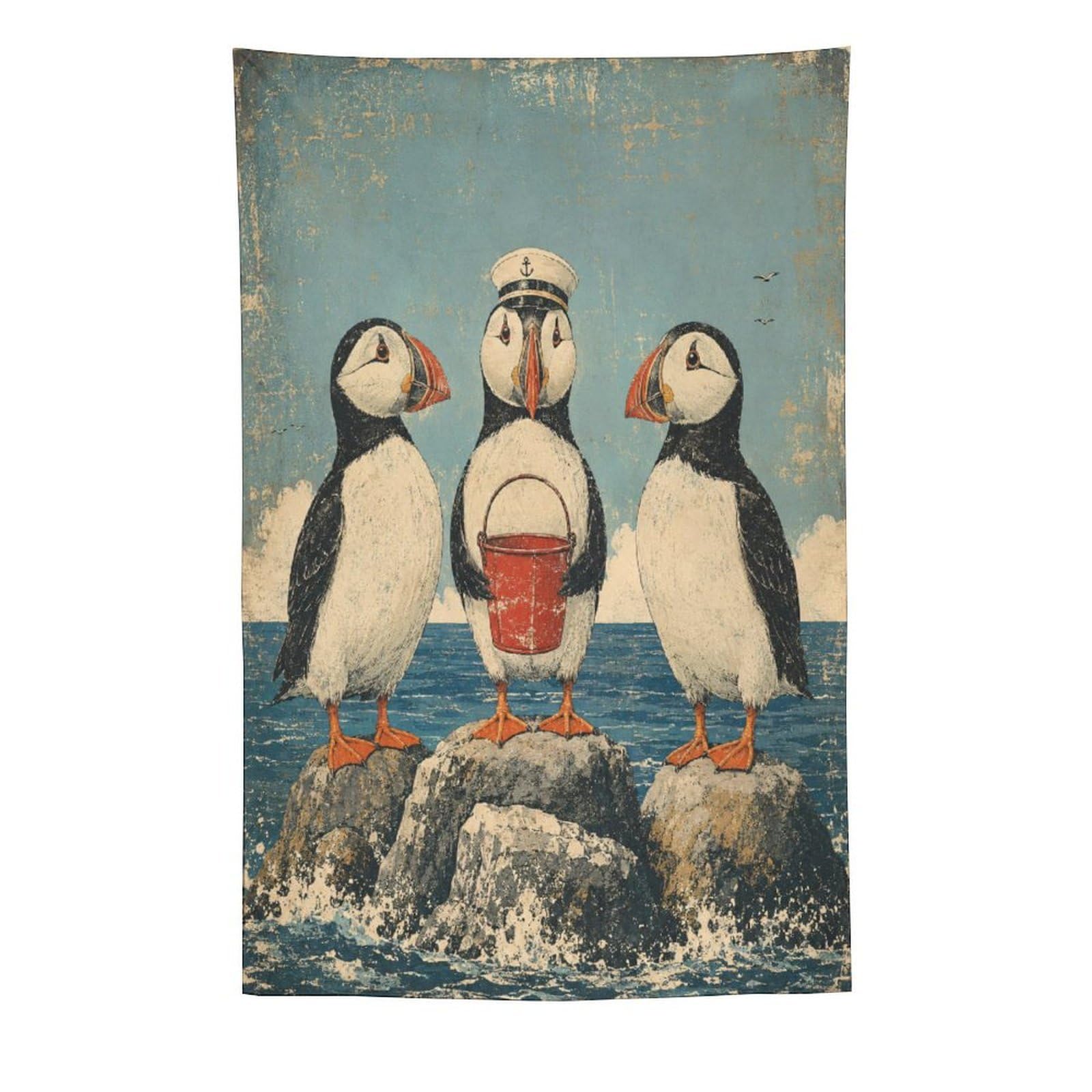 W7C8U2X3 Puffin Trio with Bucket Wall Tapestry, Folk Art Style, Dorm Room