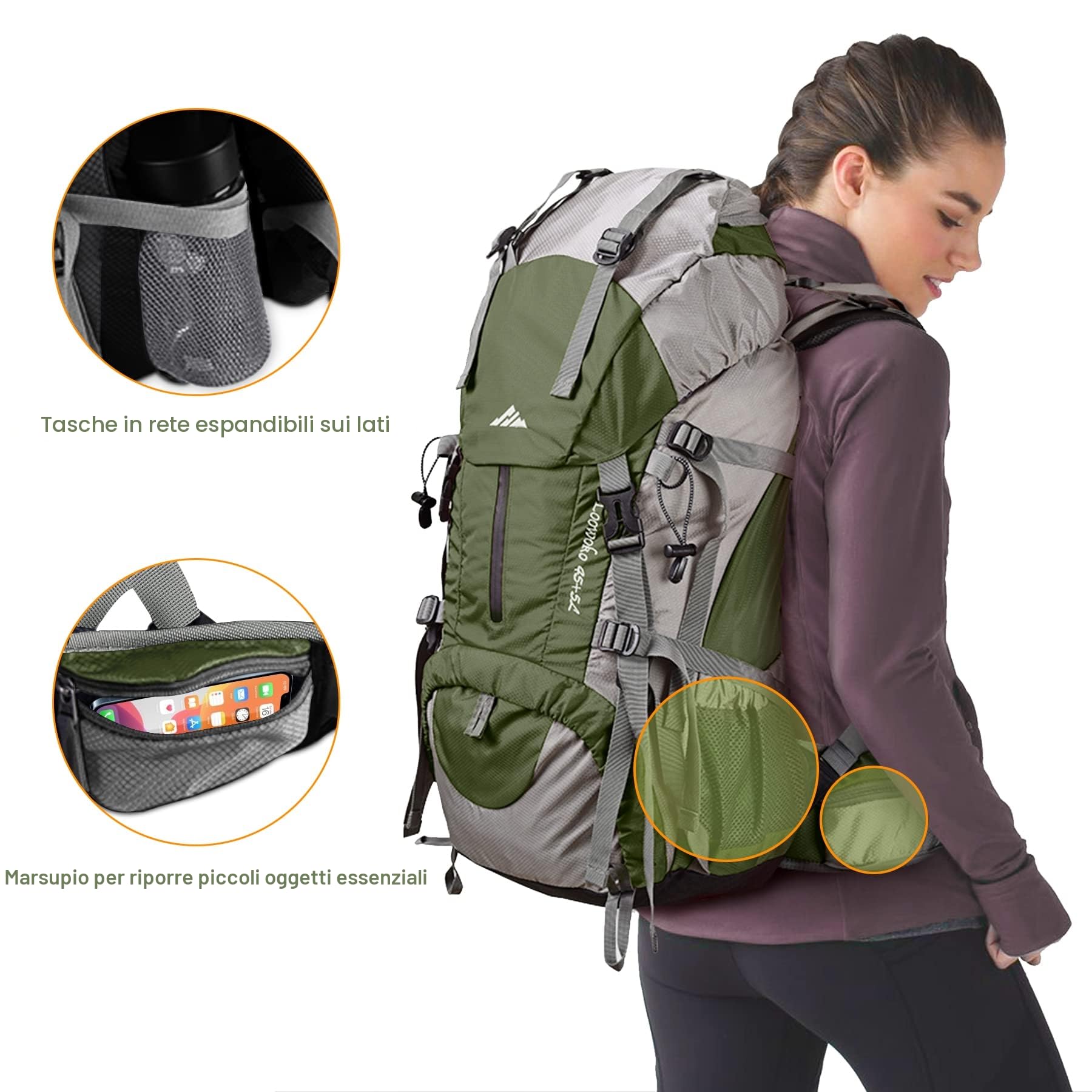 Loowoko Uomo Escursionismo Zaino 50L di Viaggio Zaino di Campeggio con la Copertura della Pioggia per Outdoor Grande