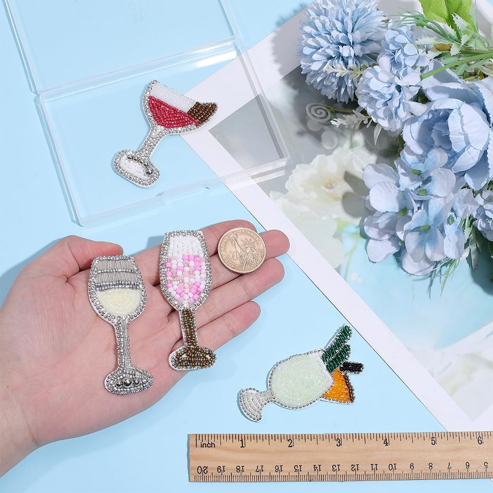 PH PandaHall 4pcs Wine Glass Beaded Patches, Shiny Cocktail Sew on Patch Drinking Cup Patches Glass Seed Beads Fabric Appliques for Jacket Jeans Hat Backpack DIY Clothing Decor, 4 Styles