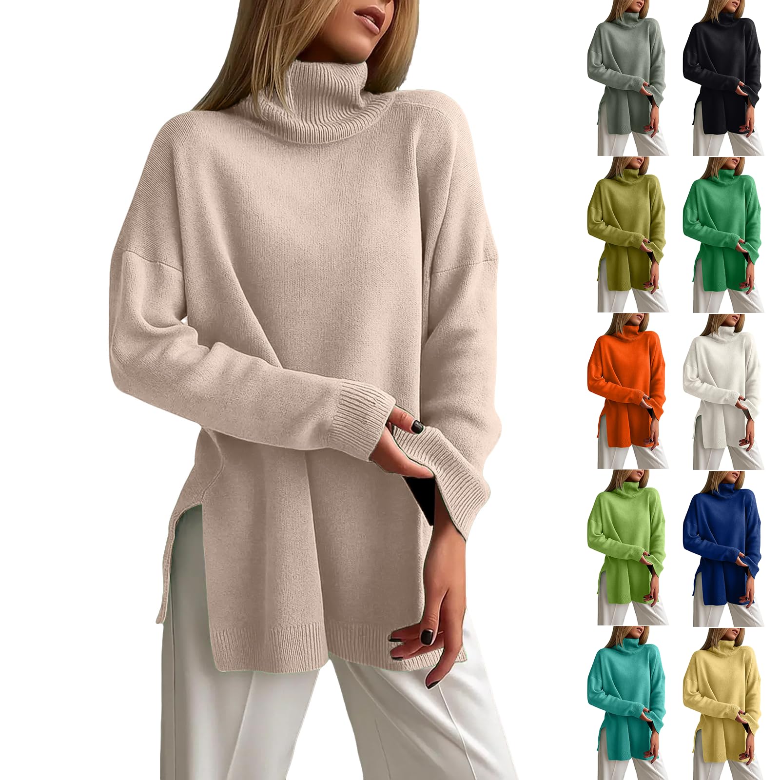 Womens Turtleneck Sweater Side Slit Long Sleeve Chunky Knit Pullover Sweaters 2025 Fall Trendy Loose Fit Casual Tops