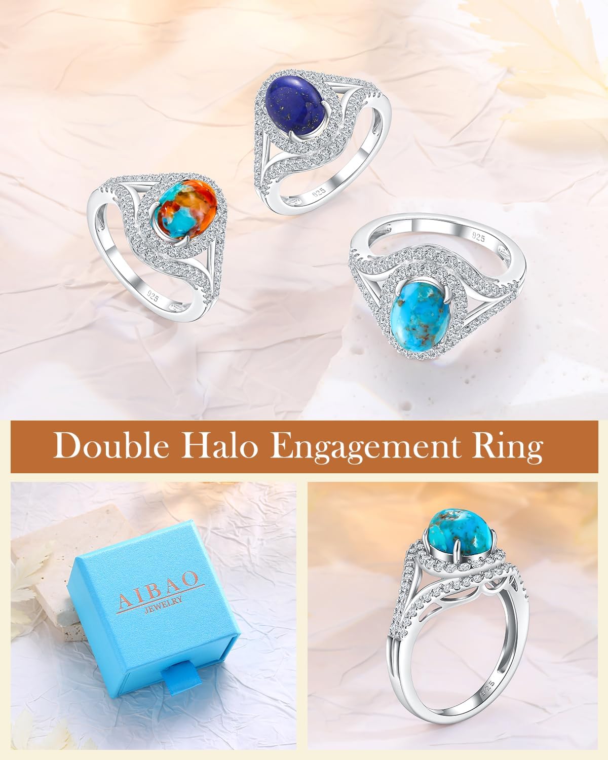 AIBAO Oval Turquoise/Lapis Lazuli/Malchite Rings for Women Men Sterling Silver Double Halo Engagement Ring Size 6 to 10 Anniversary Chirstmas Mother's Day Valentines Jewelry Gifts